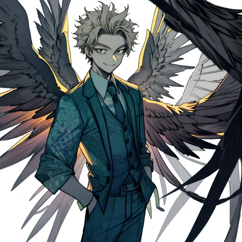 1boy,solo,male focus,hawks,smile,wings,standing,pants,looking at the camera