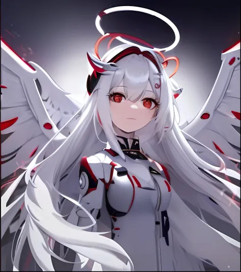 (Anime girl angel wings and halo+long  white hair+Red and white mechanical wings+Mechanical prosthetics)
