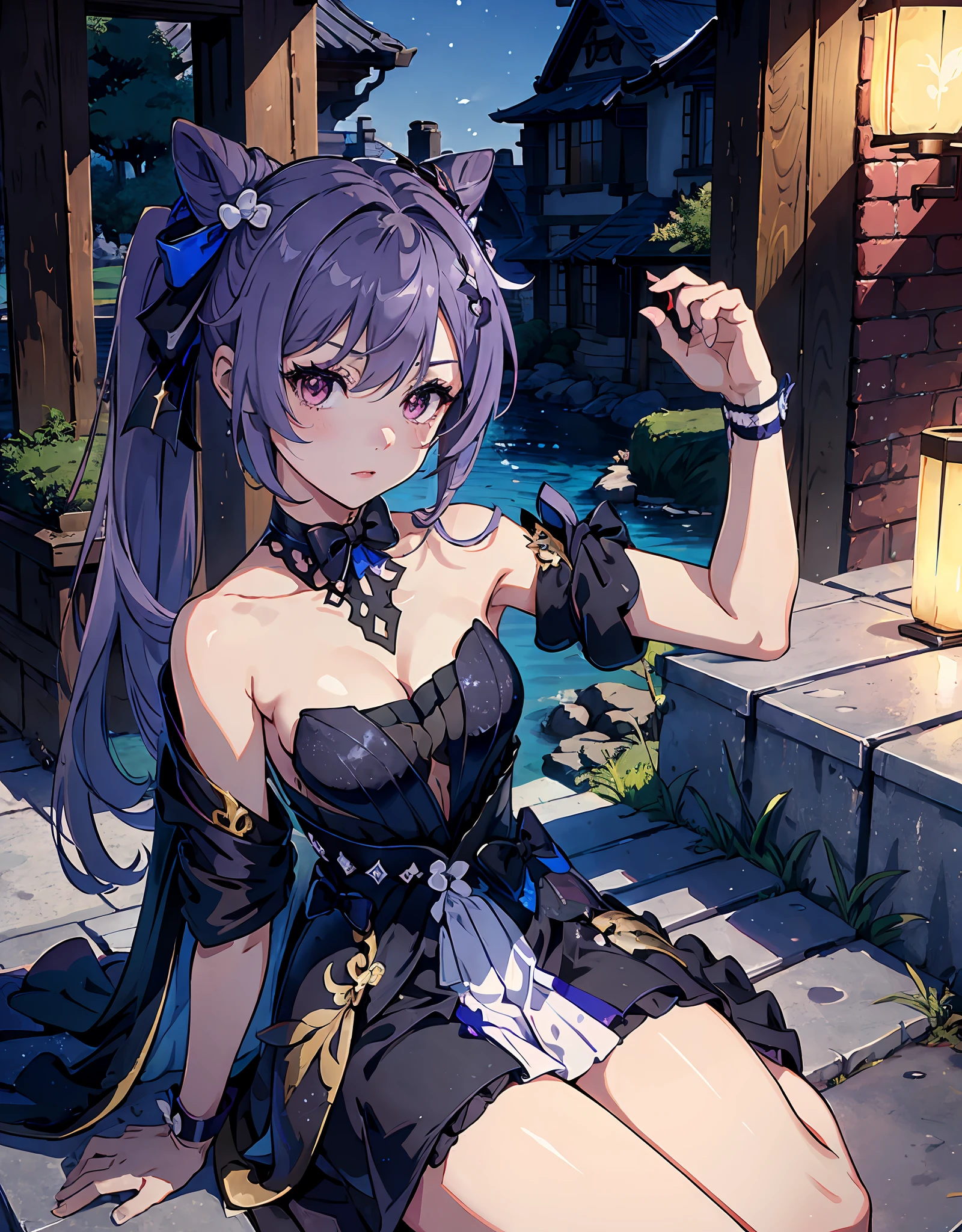 (masterpiece, best quality), beautiful girl, sitting down, point of view, keqing (opulent splendor) (genshin impact), keqing (genshin impact), official alternate costume, dress, cone hair bun, night, strapless dress, looking at viewer, long hair, cleavage, black dress, hair bun, strapless, bare shoulders, purple hair, bangs, bow, detached collar, purple eyes, diamond-shaped pupils, ribbon, double bun, twintails, two-tone dress, medium breasts, hair ornament, black bow, hair ribbon, blue dress, bowtie, hair between eyes,