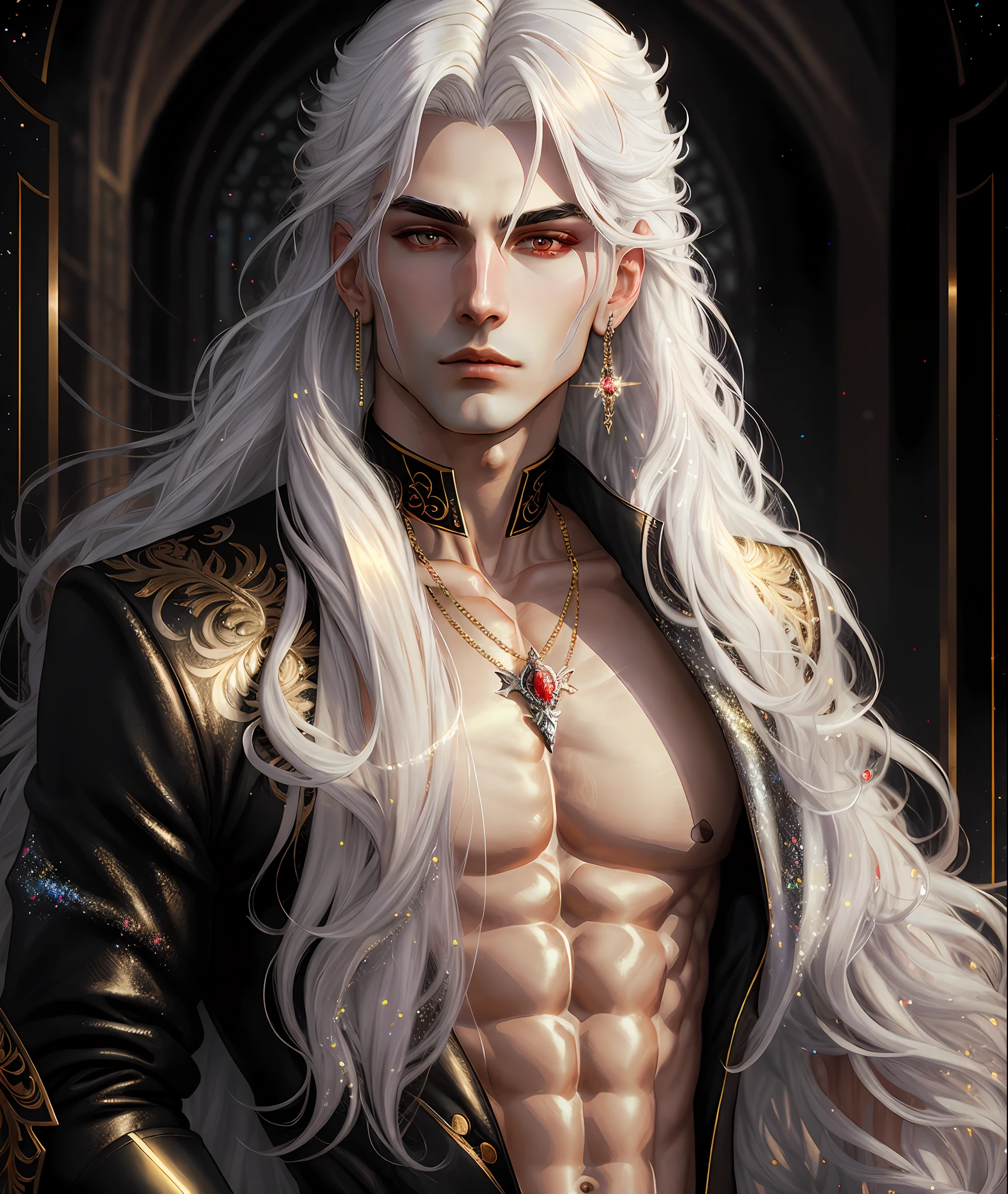 gorgeous male vampire with perfect balance of masculine and feminine features, stunning long white hair, white and gold tetradic colors, perfect anatomy, seductive red eyes, 8k resolution, (Single person), masterpiece, perfect face:1.2), intricate details, gothic Victorian detailed background, 32k, covered navel, full lips, curvy guy, cinematic lighting, balenciaga, glitter
