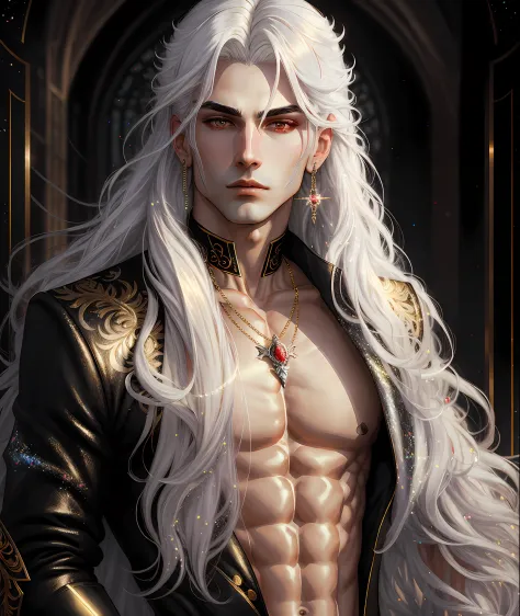 gorgeous male vampire with perfect balance of masculine and feminine features, stunning long white hair, white and gold tetradic...
