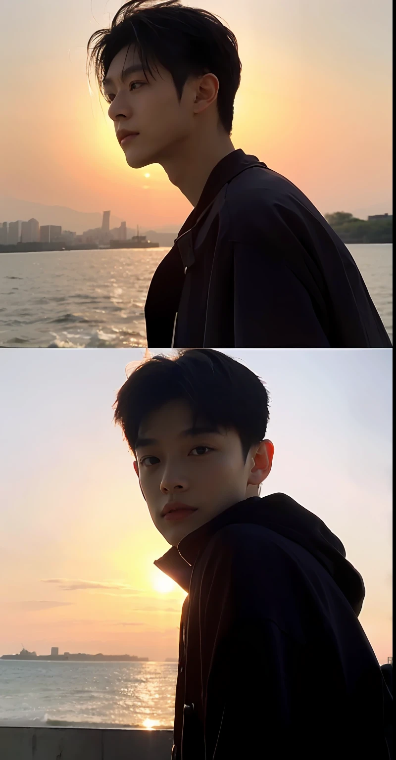 （Handsome Chinese guy：1.5）Boy student，Wear short black sleeves，Watch the sunset by the sea，The background is blurred out，a sense of atmosphere，eye looking to camera，The eyes are affectionate，Close-up of the face movie highlights, live-action movie scenes