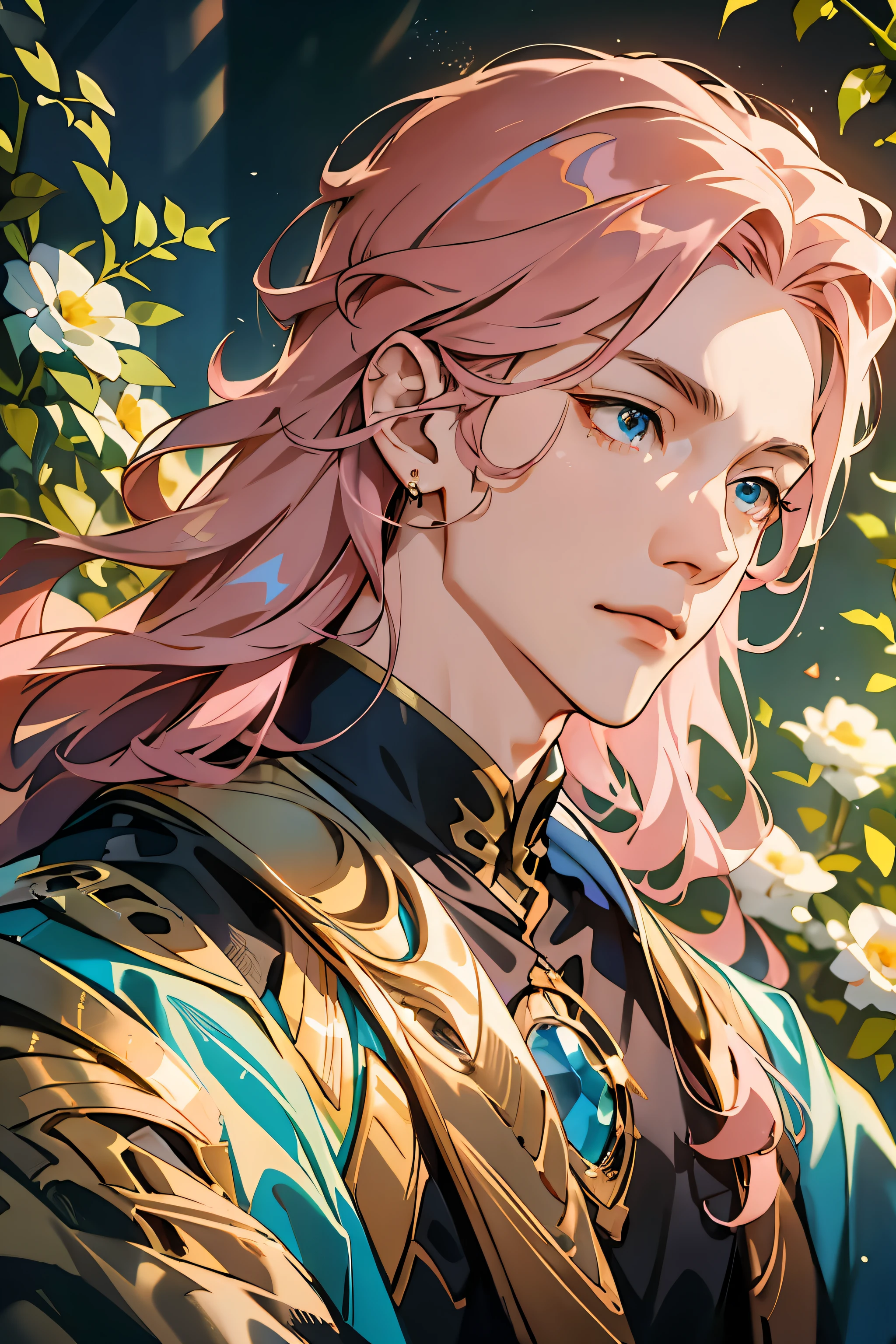 (hoang lap, A high resolution, Ultra detailed), 1 male, Adult, A handsome, tall muscular guy, Wide shoulders, finely quality eyes, extra very long hair, Pink hair, Wavy hair, Flowers, Diamond, jewelry, sonoko, woods, Portrait, (Dutch angle), Closed mouth