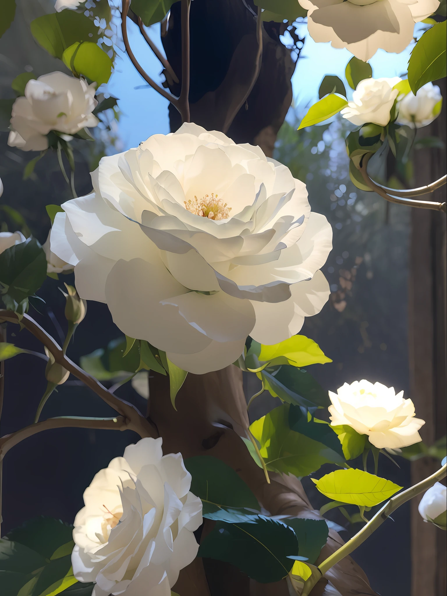 Weiße Rose auf einem Baum, leuchtende zarte Blume, sehr detailliertes Szenario,  8 K ultradetailliert, große, blickdichte Blüten, das platonische Ideal der Blumen, Rosen im filmischen Licht, leichte Blüte, Leuchtende Blumen, mit Blüten ätherischen Effekten, surreale Waiizi-Blumen, Zauberhafte Blumen, Leuchtende Blumen, hochdetailliertes digitales Gemälde