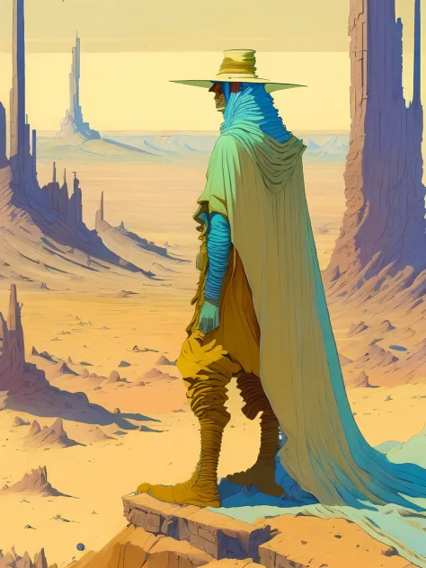 A painting of a man in a hat and cloak looking out over a desert landscape，Created by Moebius Jean Giraud，asian man，