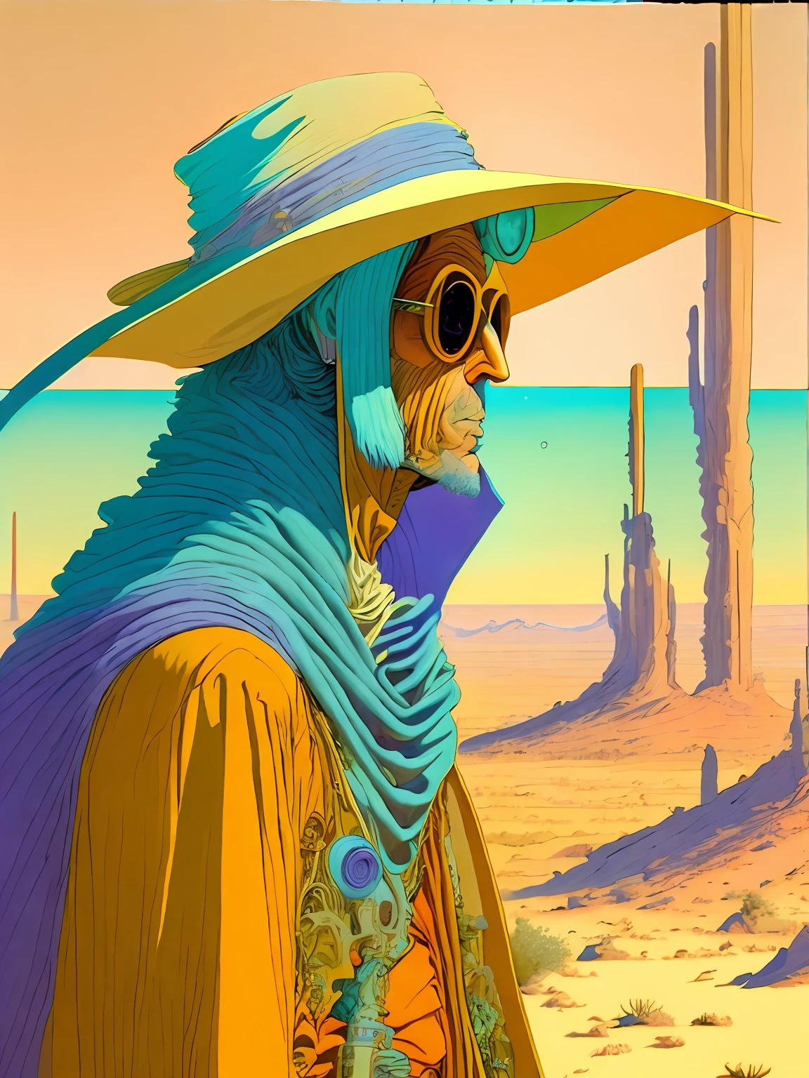 Uma pintura de um homem com chapéu e capa olhando para uma paisagem desértica，Criado por Moebius Jean Giraud，Homem Asiático，