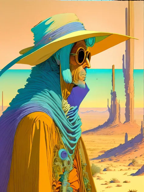 A painting of a man in a hat and cloak looking out over a desert landscape，Created by Moebius Jean Giraud，asian man，