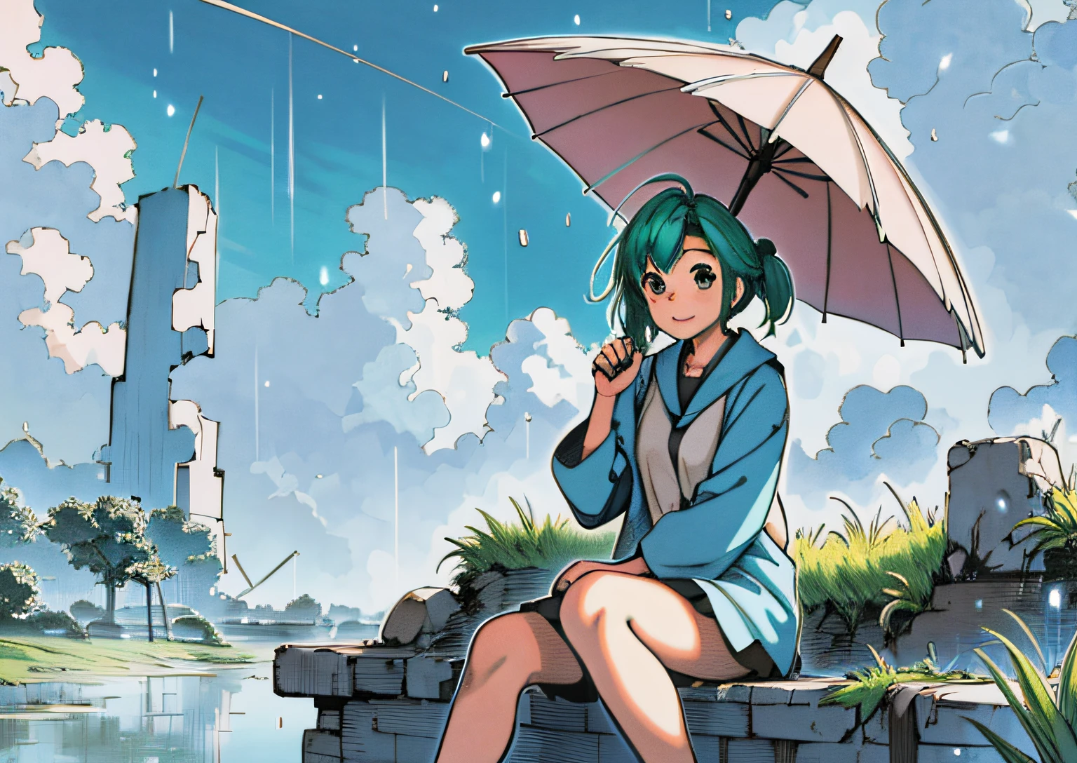 highres, ausführlich, Ashinano-Stil, 1 Mädchen, grüne Haare, Weitwinkelaufnahme, Regenschirm halten, Regen, grass, überwuchert, Sitzung, blauer Himmel, Wolken, Ruinen, Glücklich