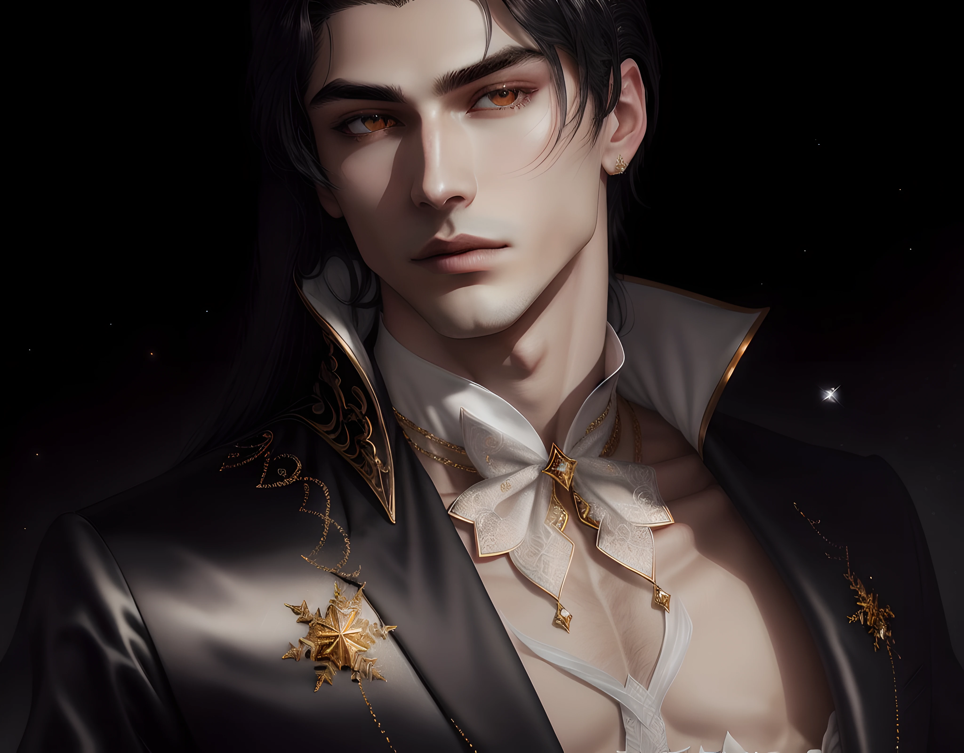unparalleled masterpiece,(stunning male vampire), (((1guy))), (long White voluminous straight hair),(intricate details),side lighting, (beauty mark under eye),goth Renaissance,glowing (perfect detailed white eyes #FFFFFF), white Roses background, detailed texture,(a realistic representation of a detailed male Diamond shaped face),(full lips), Venetian mask, approaching perfection,ultra high definition,(ethereal), aesthetic,Gold,dynamic,glowing,glamour,(glimmer) arched eyebrows, (perfect proportion),snowflakes,(full body),detailed background, perfect anatomy,Lace,backlit,smooth,sharp focus,dreamy,fantastical,shadows, volumetric lighting, sexy, guy, gothic detailed background, 32k, covered navel, full lips, curvy guy, cinematic lighting, balenciaga, glitter