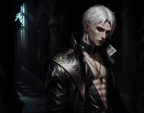 High vampire man Insanely detailed, goth Renaissance, white hair, intricate, white glowing eyes, fantastical, (((male))), vampir...