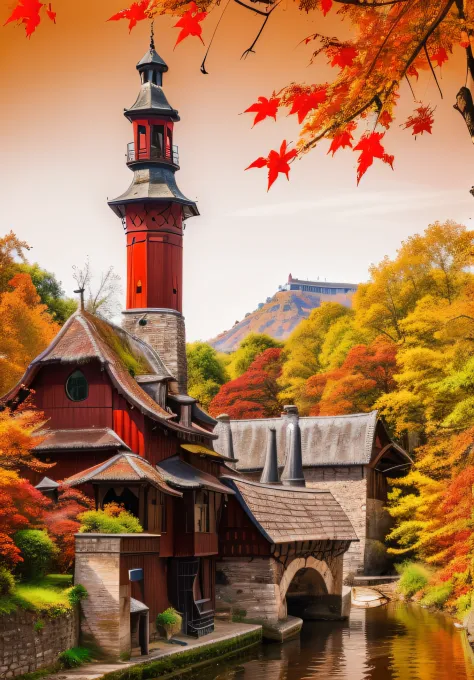 Clean river, wooden boatman, red leaves tree, stone bridge, red roof, brown wooden house wall