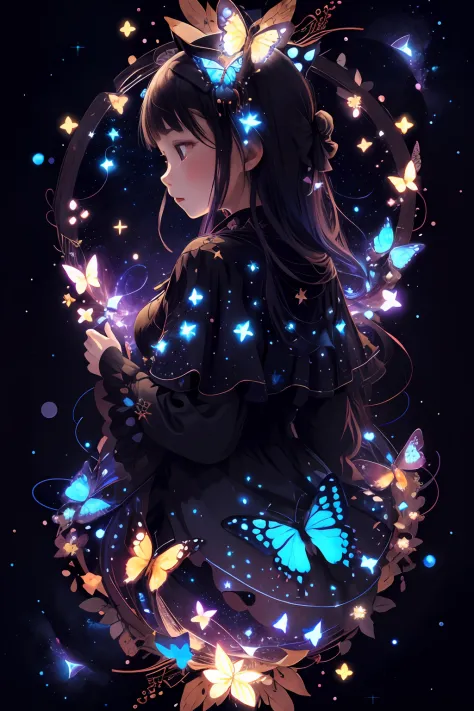 cute00d, Star (symbol), 1girl in、Lots of butterflies around、 Black background, Star (skyporn), floating, a cluster of butterflie...