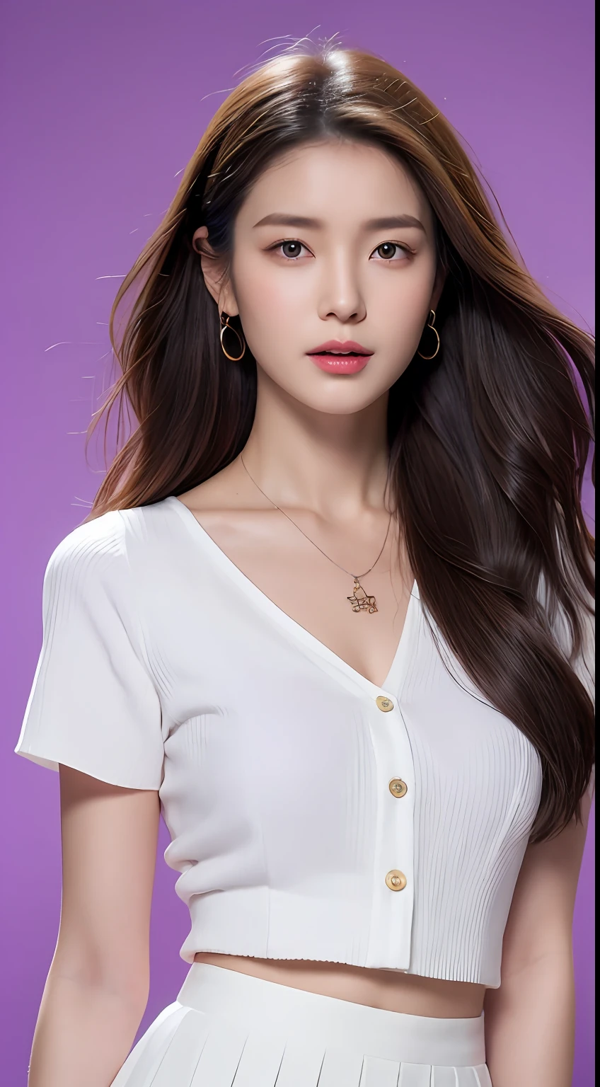 A tall and beautiful woman，Slender Abs，Dark brown hair in loose wavy styling，nedium breasts，Wear a pendant，white button-down blouse，obi strip，a black skirt，（On a purple background），Beautifully rendered details in face and skin textures，Detailed eyes，double eyelid