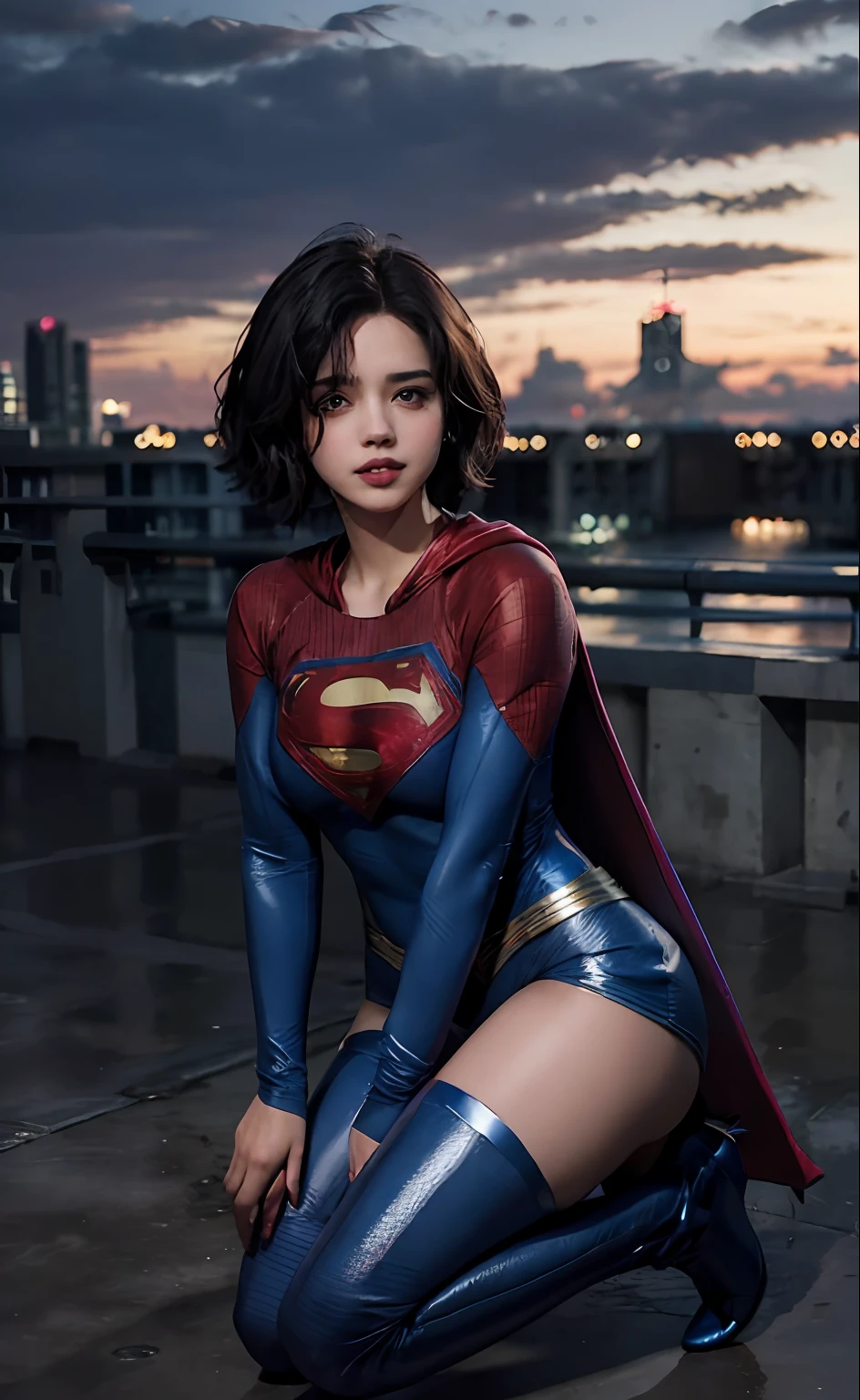 1girl, (twilight), short hair, 
(looking at viewer,( lip biting )), supergirl, cityscape, (flying),blue sky,cloud,parted lips,blue tights and boots,
intricate details,highly detailed,shiny hair,shiny skin,8k resolution,( full body)