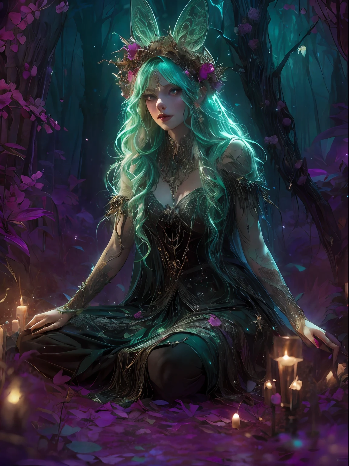 HighestQuali，tmasterpiece：1.2，Detailed details，Full body image of a beautiful forest witch in a decorative dress, Witch fashion, kneels on the ground，dynamicposes, fairy lights, Hyperrealistic, hyper-maximalist, insanely details, 4K