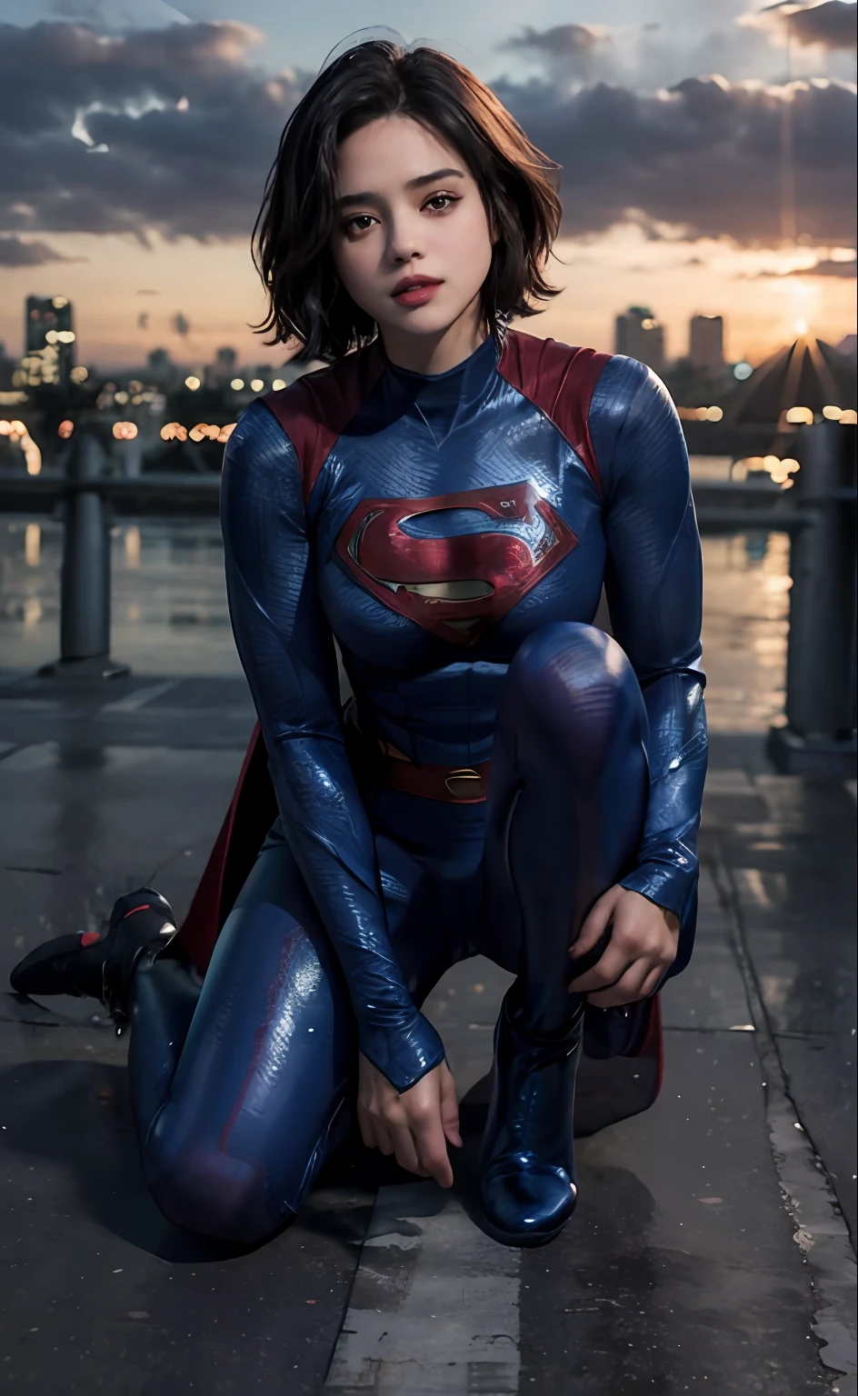 1girl, (twilight), short hair, 
(looking at viewer,( lip biting )), supergirl, cityscape, (flying),blue sky,cloud,parted lips,blue tights and boots,
intricate details,highly detailed,shiny hair,shiny skin,8k resolution,( full body)