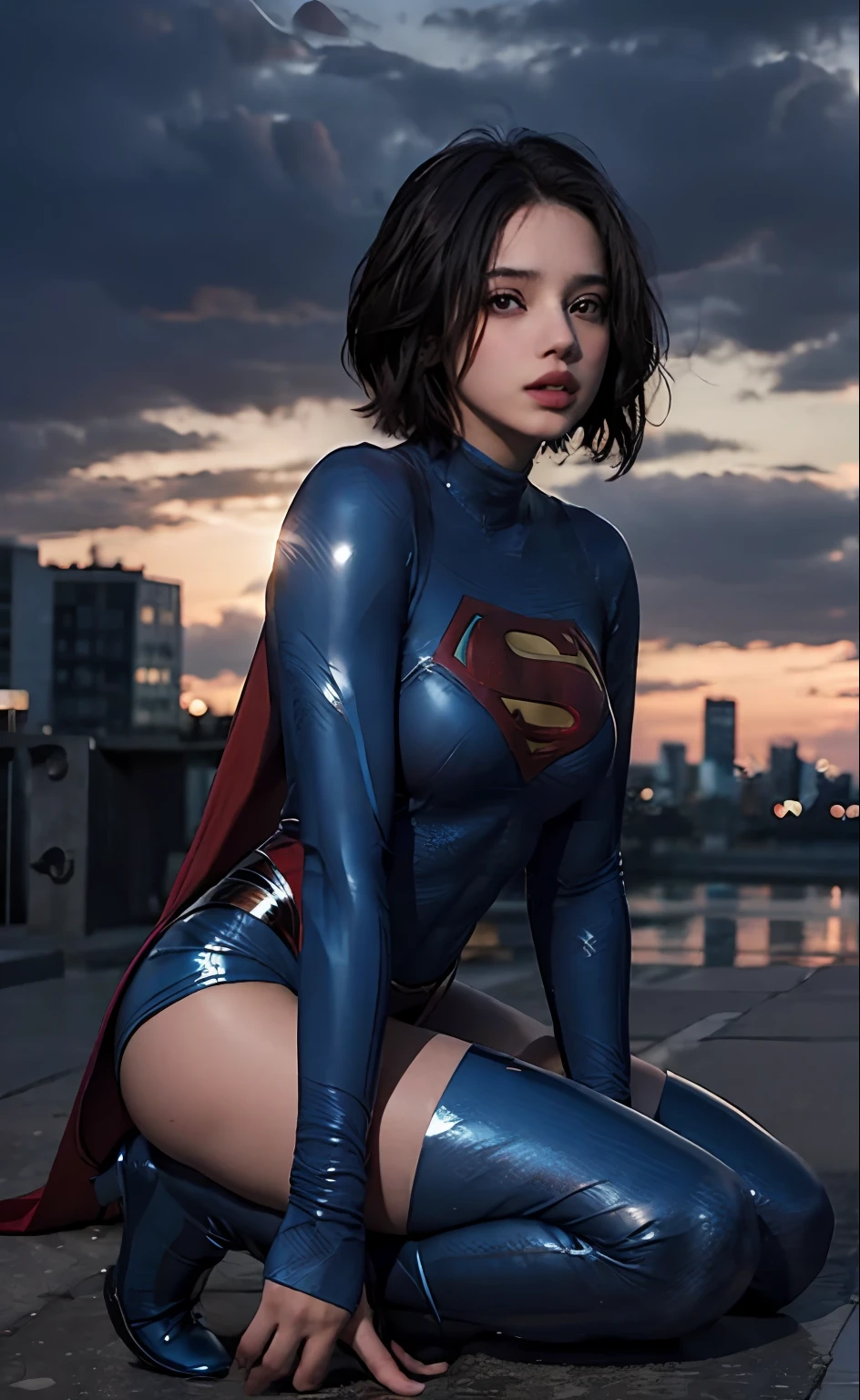 1girl, (twilight), short hair, 
(looking at viewer,( lip biting )), supergirl, cityscape, (flying),blue sky,cloud,parted lips,blue tights and boots,
intricate details,highly detailed,shiny hair,shiny skin,8k resolution,( full body)