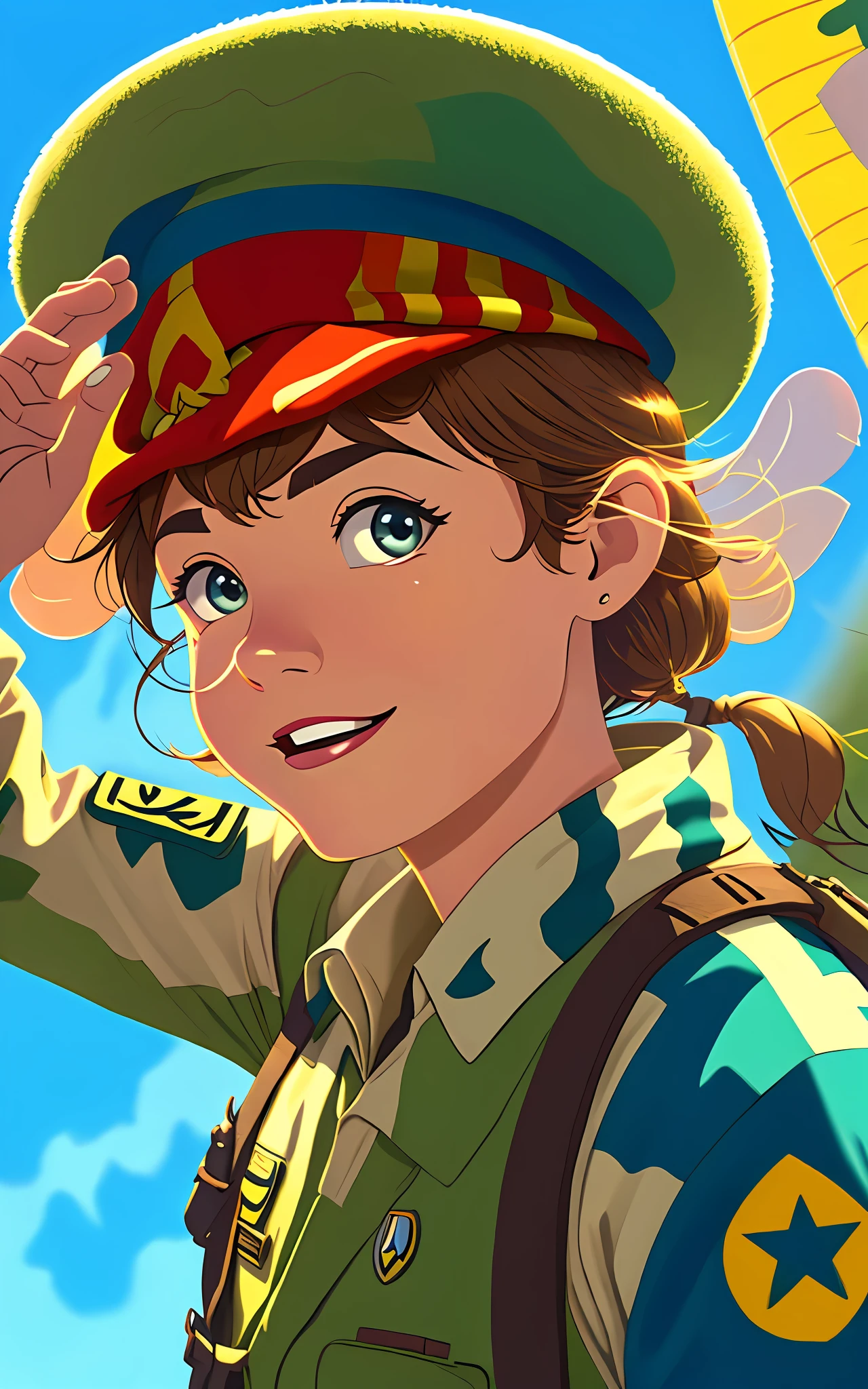 Funny cheerful paratrooper in uniform and blue beret. He waves his hand in greeting. Close-up. Super photorealistic. Disney Pixar cartoon style. Cinematic. Blurred background of parachute exercises and military aircraft. --auto --s2