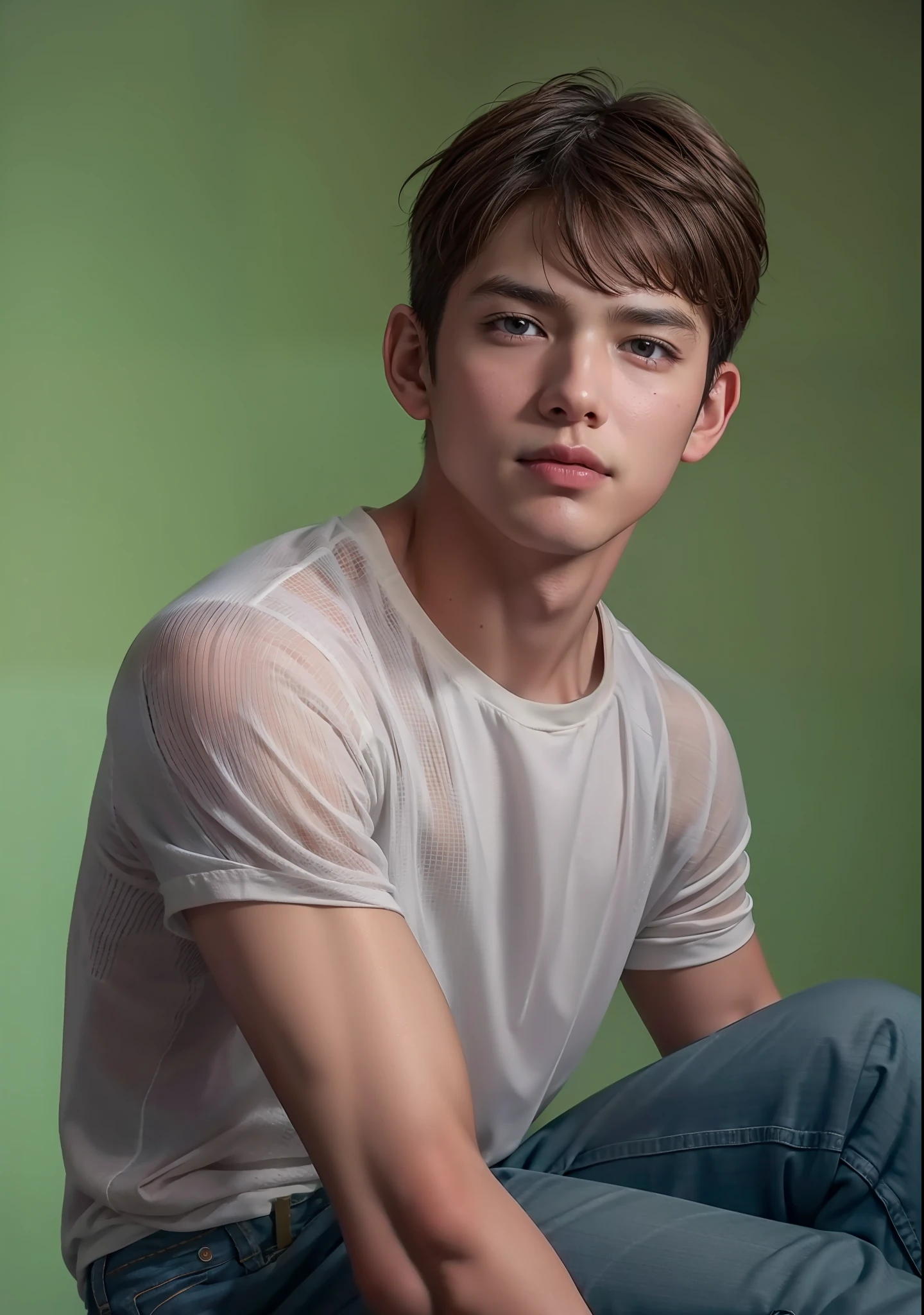 Handsome, 16 years old, mestizo, best picture quality, higher quality, high detail, ultra-high resolution, 8k resolution, delicate facial features, boy, muscles, glowing eyes, short hair, hair details, legs apart [[look away, look to the side , Topless, ((((crotch bulge))))), real men, real human, jeans, sit down, skinny, shirt