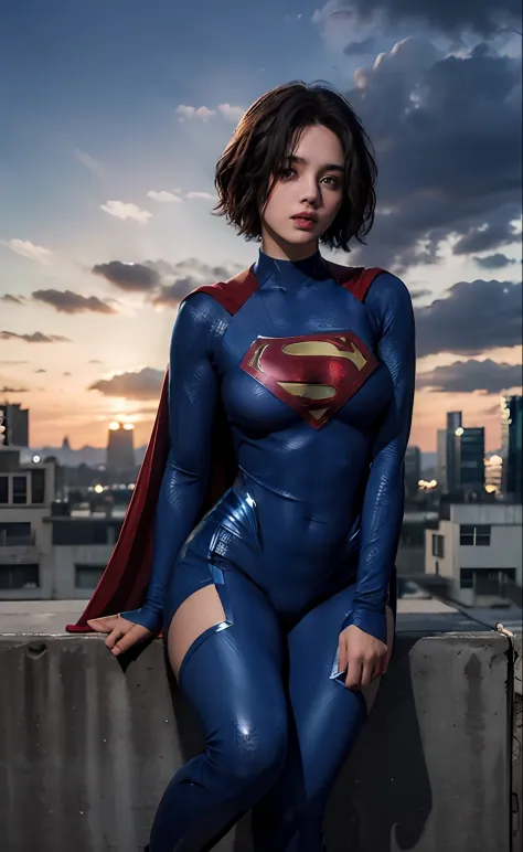 1girl, (twilight), short hair, 
(looking at viewer,( lip biting )), supergirl, cityscape, (flying),blue sky,cloud,parted lips,bl...