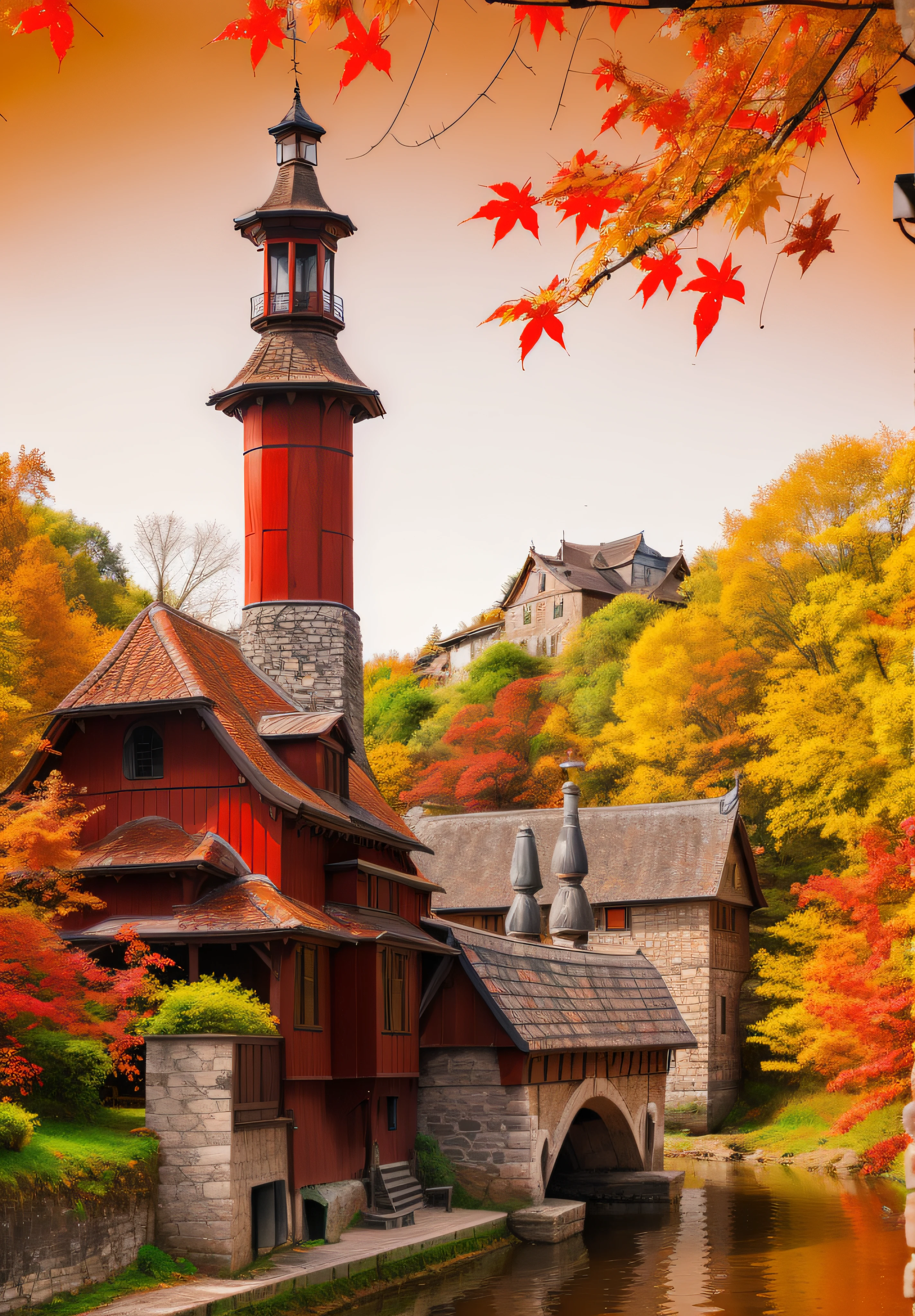 Clean river, wooden boatman, red leaves tree, stone bridge, red roof, brown wooden house wall