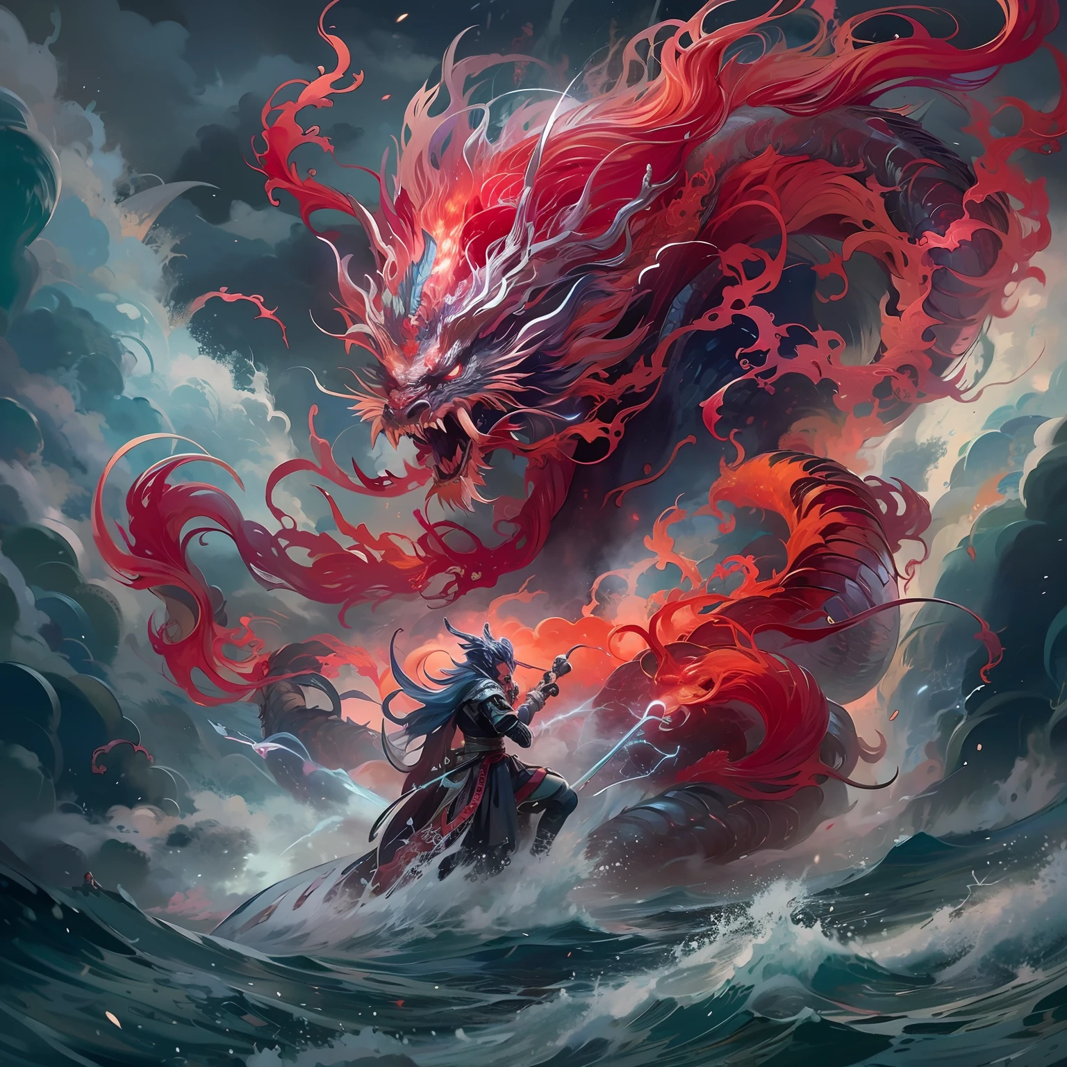 （tmasterpiece），（best qualtiy），8K，high detal，Hyper-detailing，The legendary Nezha ravaged the sea，Brave the rough sea，A thrilling scene that challenges the Wrath of the Dragon King。nezha，fearless warrior，There is a fiery red hair，Stand on rough water，His burning wheels illuminate the darkness。When he wields a sacred weapon，When engaged in fierce battles with ferocious sea creatures，Lightning crackled around him。The ocean is turbulent，The waves are rough，Colorful fish and mythical creatures witness an epic confrontation between good and evil。