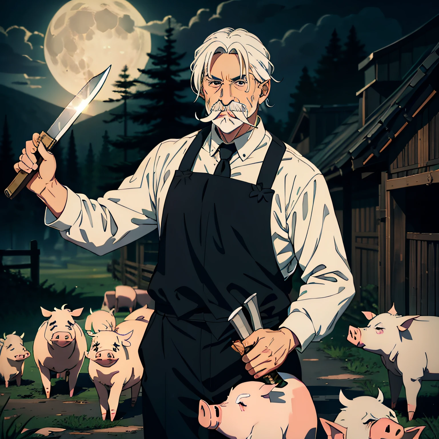 老人，白い口ひげ，白髪，豚を殺すナイフを手に（包丁）背景は養豚場，彼の後ろには10匹以上の豚がいる，不気味なスタイル，テロ的な，夜，ムーン（ラウンド，明るい）