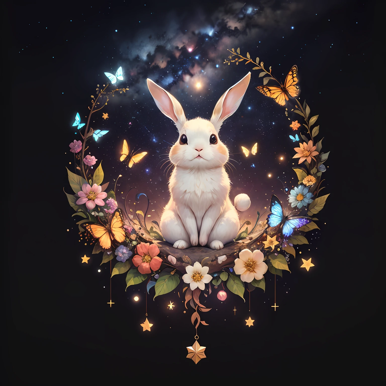 cute00d, 星星 (象征), 1隻兔子、周圍有很多蝴蝶、 黑色背景, 星星 (天空色情), 漂浮的, 一簇蝴蝶, 空間, 线,傑作、頂級品質、細節刻畫、艺术的、
