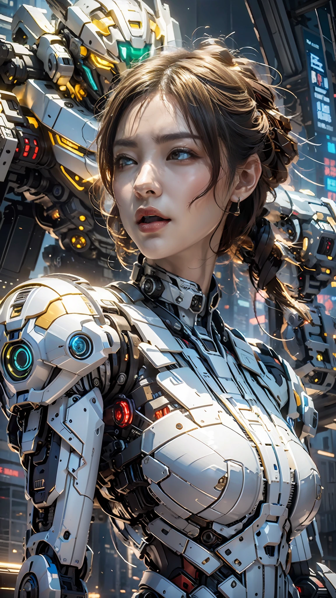 （（best qualtiy））， （（tmasterpiece））， （The is very detailed：1.3）， 3D， Shitu-mecha，1 girl standing in front，Behind him stood a huge humanoid mech， Beautiful cyberpunk woman with her mech in the ruins of the city of the forgotten war， Ancient Techniques， hdr（HighDynamicRange）， Ray traching， NVIDIA RTX， Hyper-Resolution， Unreal 5， sub surface scattering， PBR Texture， post-proces， Anisotropic filtering， depth of fields， Maximum clarity and sharpness， Many-Layer Textures， Albedo e mapas Speculares， Surface coloring，Accurately simulate light-material interactions，perfectly proportions，rendering by octane，twotonelighting，Low ISO，White balance，trichotomy，Wide aperture，8K raw data，High-Efficiency Sub-Pixel，sub-pixel convolution，Luminous Particle，Light scattering，Tyndall effect