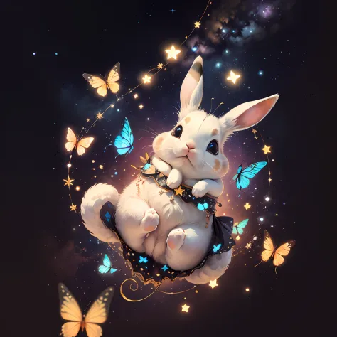 cute00d, Star (symbol), 1 rabbit、Lots of butterflies around、 Black background, Star (skyporn), floating, a cluster of butterflie...