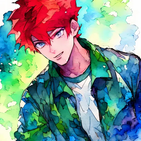 (1boy, man),upper body, red hair, close-up, (watercolor:1),(simple background),angle,friends, (sanpaku:1.4)