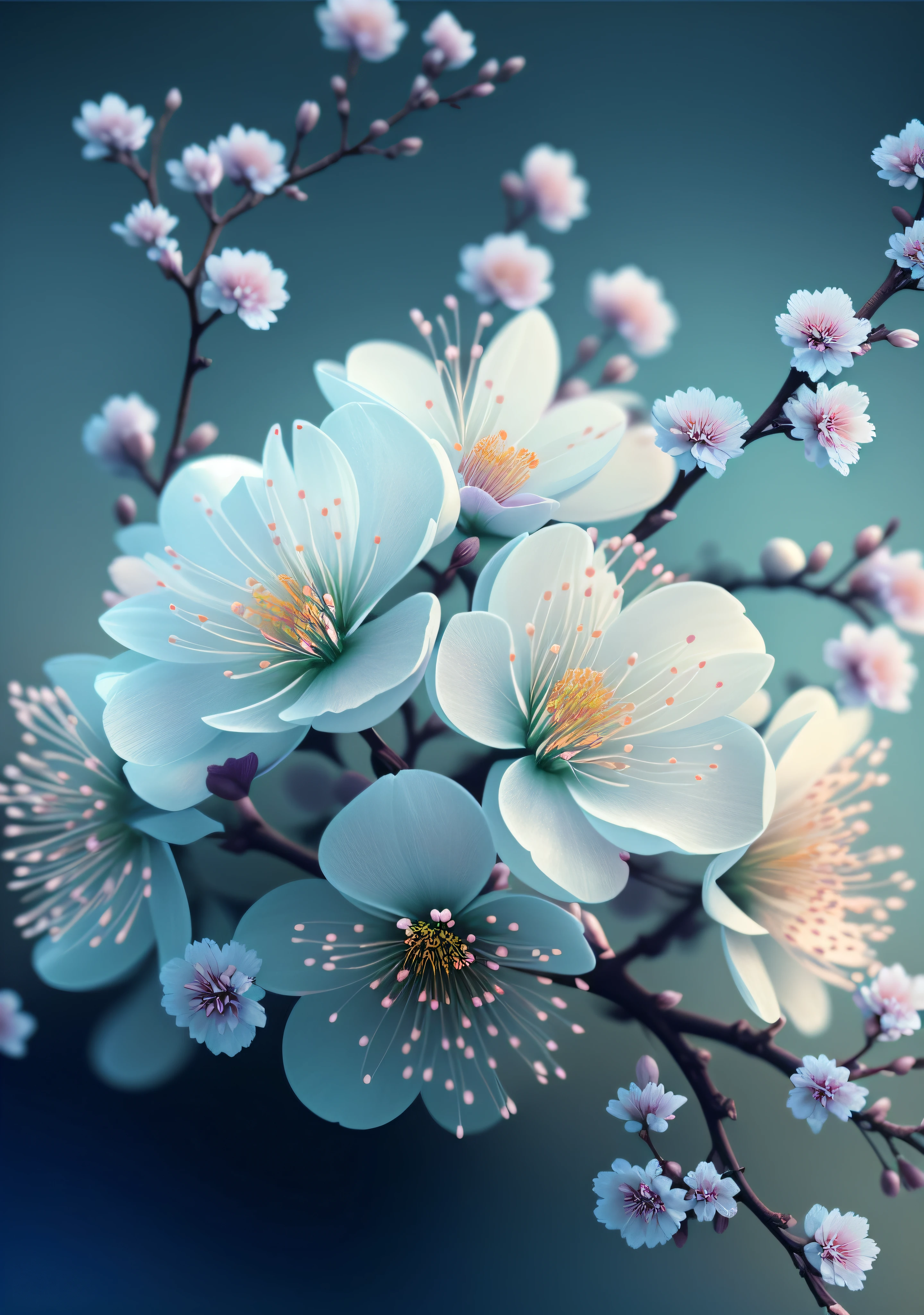 Es gibt eine Nahaufnahme eines Blumenstraußes auf einem Zweig, Paul Barson, Blumenblüten, schöne digitale Kunstwork, schöne digitale Kunst, Blumen und Blüten, surreale Waiizi-Blumen, Schöne Blumen, blühende Blumen, Blumen mit aufwendigen Details, unglaublich hübsch, wunderschöne Kunst, schöne Komposition 3 - d 4 k, wunderschöne digitale Kunst, Sakura-Blüten