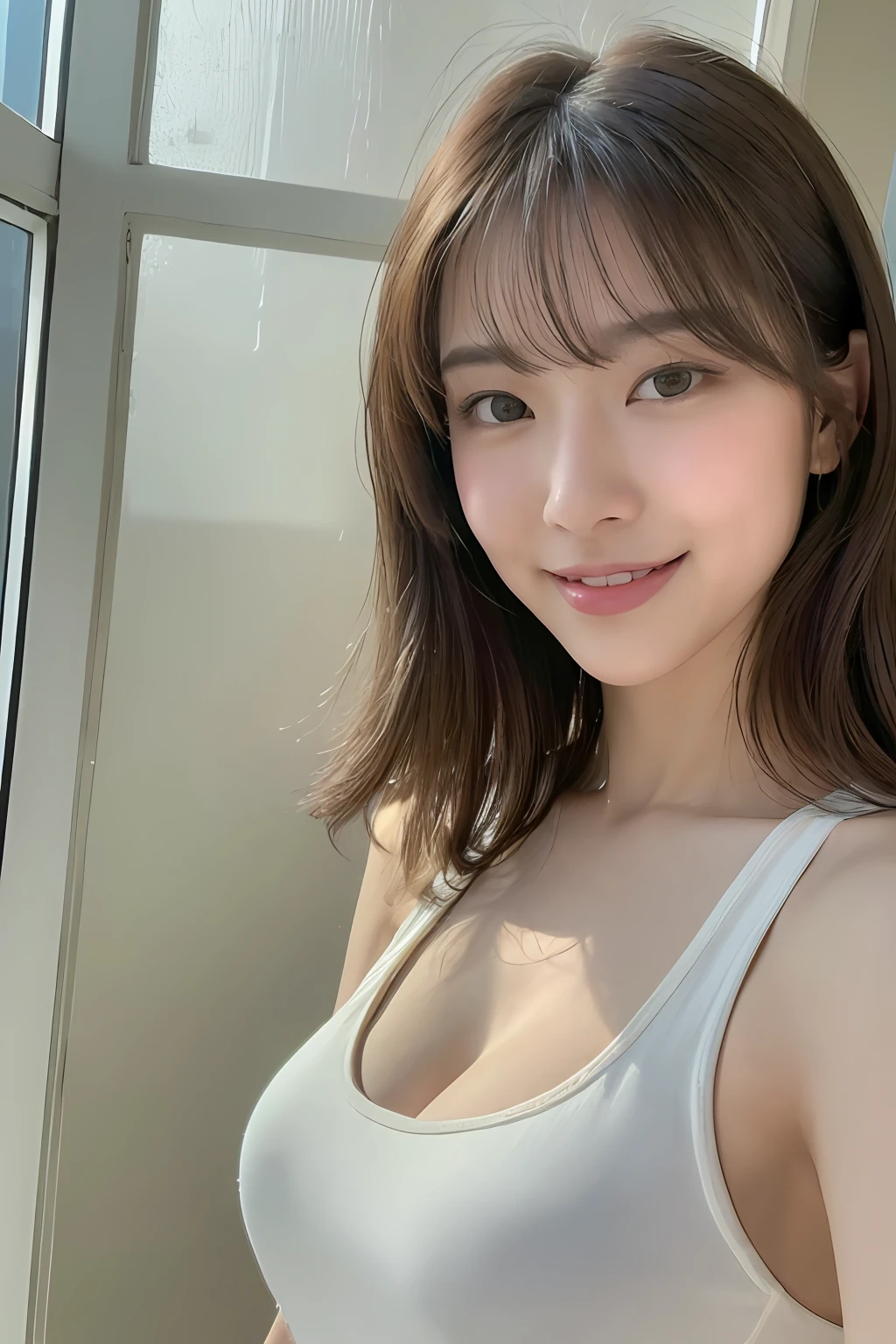 (top-quality、8k、32K、​masterpiece、uhd:1.3)、Attractive Japanese Woman Pictures、1 girl、abdominals、the perfect body、(white tank tops:1.1)、hyperdetailed face、detailed lips、finely eye、double eyelid、a smile