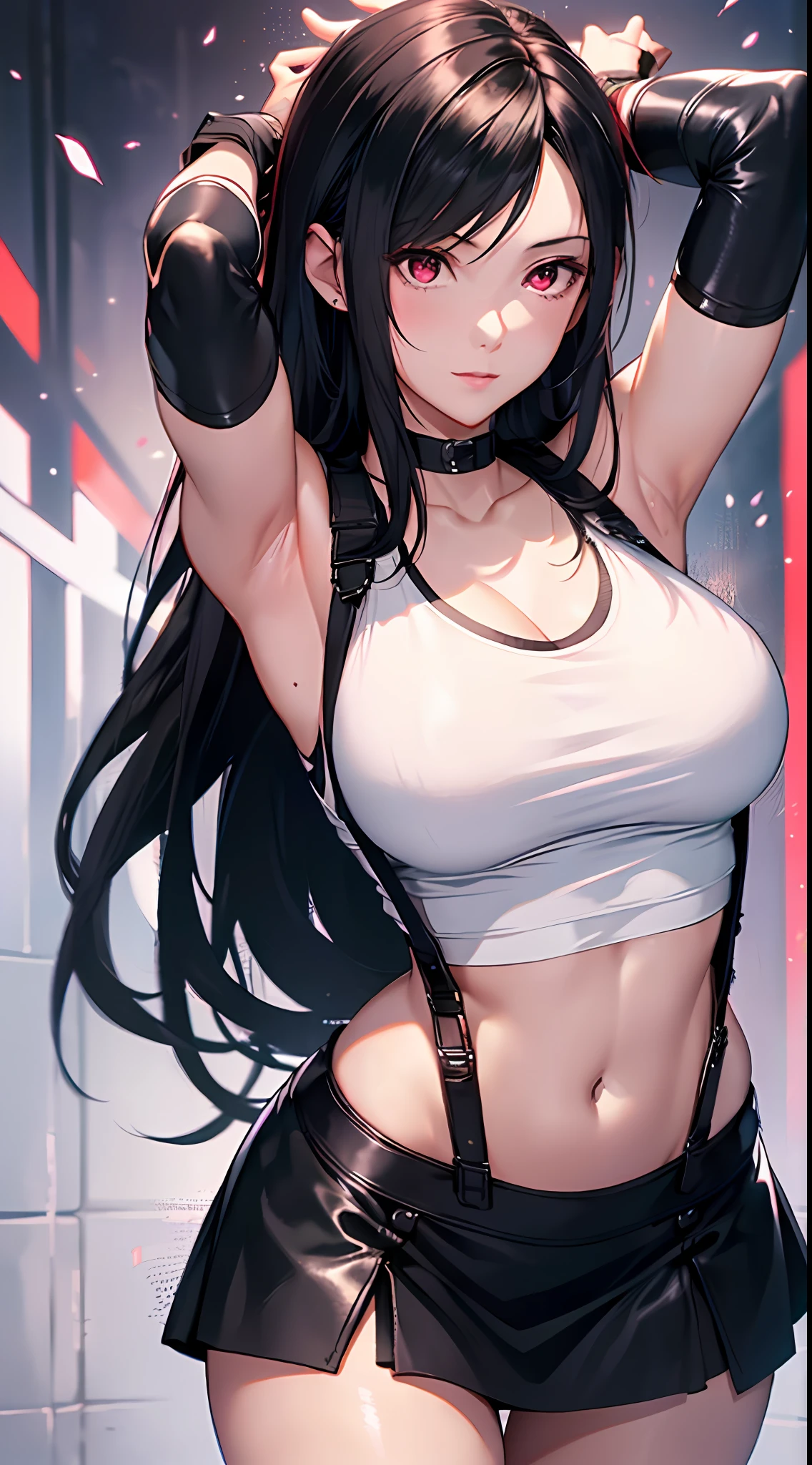 8k,masterpiece, bset quality,big, (1 girl), tifa lockhart, red_eyes, black hair, long hair, professional lighting, (shiny skin: 1.2), shiny big, ((best quality)), sharp focus: 1.2, highly detailed face and skin texture, detailed eyes, perfect face, perfect body, blur art, cg, backgroundBig breasts, 20yo, mature cool and beautiful face, wearing ((suspender black skirt), black elbow gloves, white taut shirt, thigh, white tank top), blush, lively pose, (mittgal), floating hair, random pose,