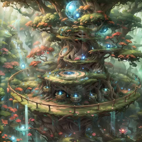 World Tree、DJ booth on the tree、turntable、Round barrier turntable、 digitial painting、suave、hightquality、Very detailed sketch、magia、Flower Bridge、(Shining Orb:1.1)central、(green forest:1.2)、falls、(Spirit Tree:1.1)、