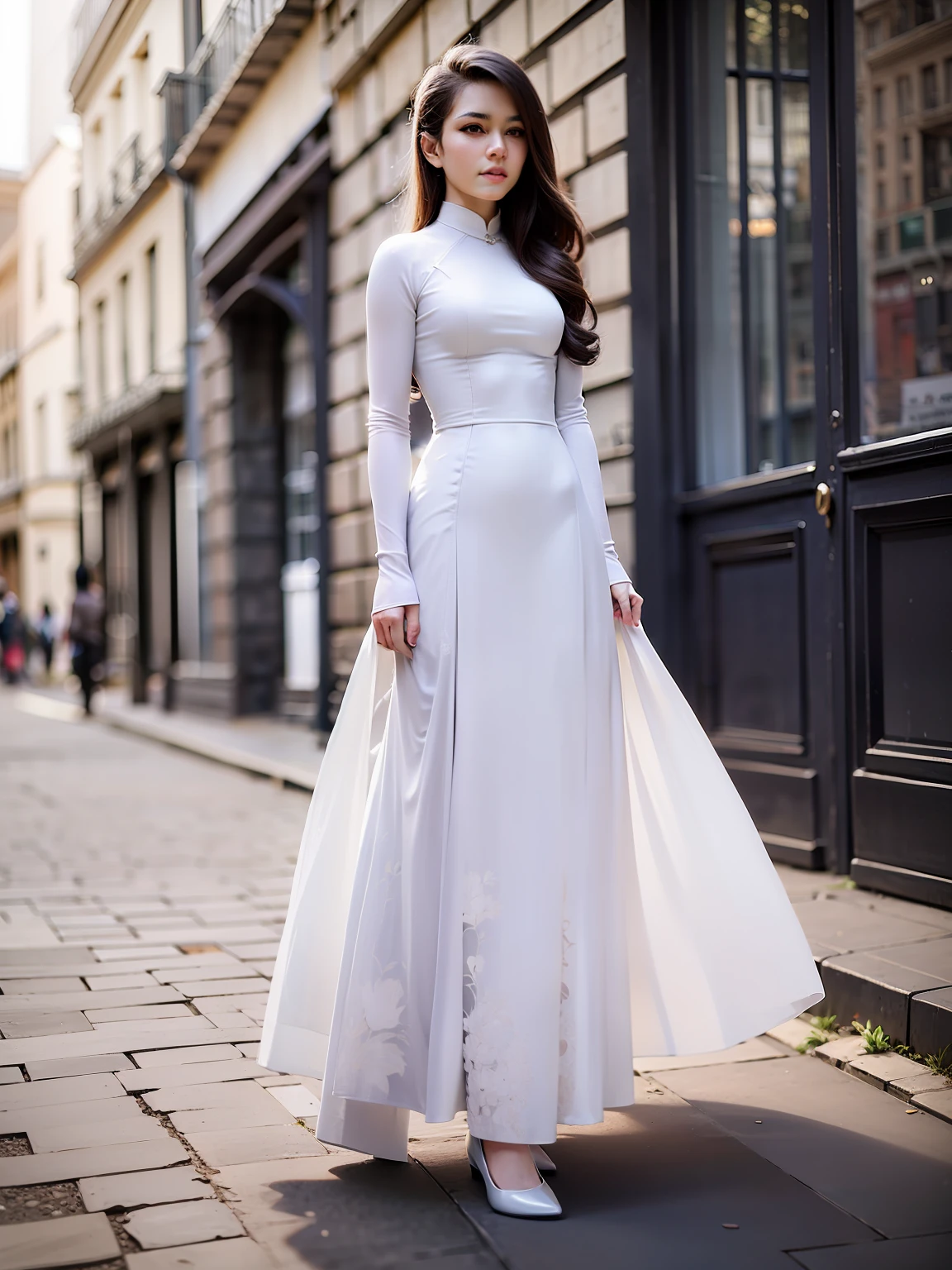 Best quality,masterpiece,ultra high res,(photorealistic:1.4),1 girl, solo,young and beautiful girl , 20 years old , long hair , wearing white Ao Dai , full body portrait , artistic style , bright light , posing on the streets of Paris , Taken with a Canon EOS 5D Mark IV, with the exposure adjusted to soften the light