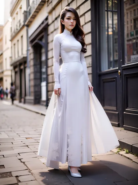 Best quality,masterpiece,ultra high res,(photorealistic:1.4),1 girl, solo,young and beautiful girl , 20 years old , long hair , wearing white Ao Dai , full body portrait , artistic style , bright light , posing on the streets of Paris , Taken with a Canon ...