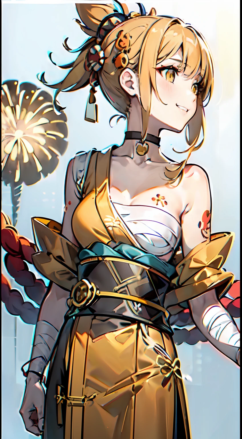 1girl, (bandages:1.3), bangs, (bare_shoulder:1.2), belt, (blonde_hair:1.1), (choker:1.2), (collarbone:1.2), (fireworks:1.3), grin, (hair_ornament:1.2), japanese_clothes, (orange_kimono:1.3), (sash:1.2), sky, (smile:1.1), (solo:1.1), (yellow_eyes:1.2), (obi:1.2), (ponytail:1.2)