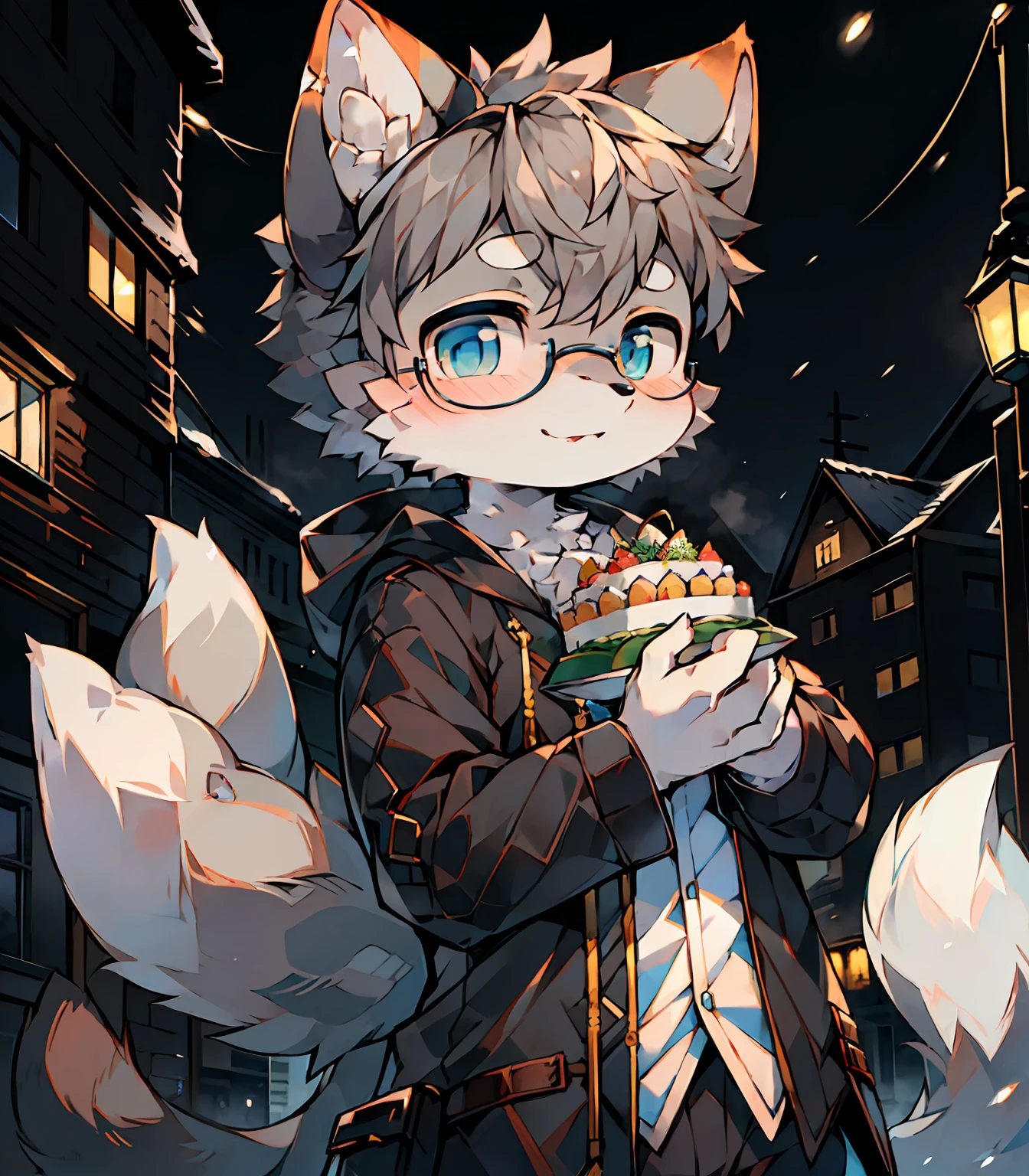Highest image quality，A masterpiece，Delicate hands，finely-detailed eyes，Normal eyes，Black-framed round glasses，Gray cat ears，Furry，Gray hair，adolable，Handsome，Cat style，shota， Blue pupil, city night scene, Gray hair, By bangs，Dappled light and shadow, short detailed hair，ember，There are bright eyes of God, City，winter background，2022，Outfit in black，solo，Melon seed face，happy birthay，The birthday cake，Birthday