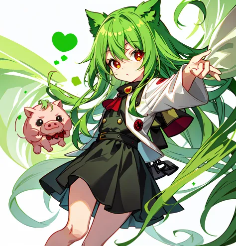 Green hair，Red-eyed animal pig pig girl，Holding a small pig in his hand，Loli style