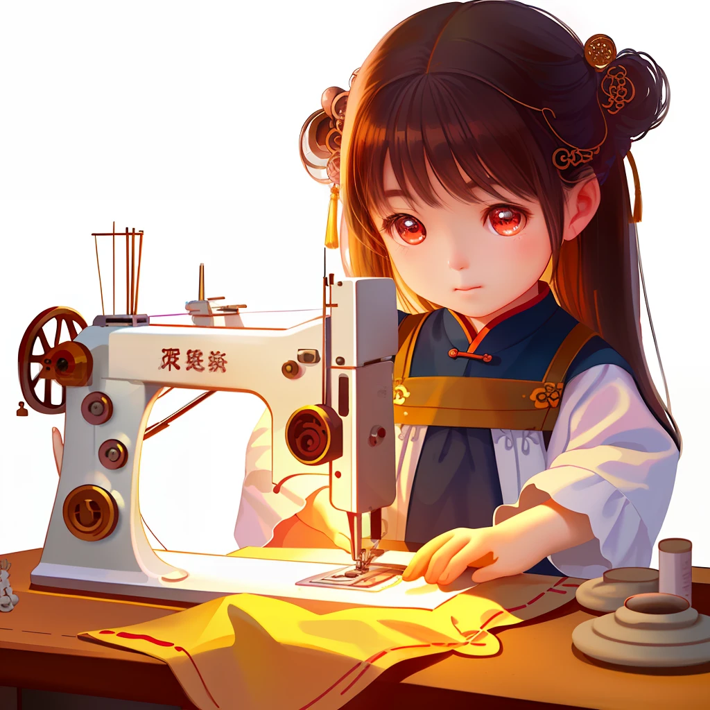 The image of a little girl sewing on a sewing machine, lovely digital painting, author：Yu Zheding, Realistic cute girl painting, author：Qu Leilei, adorable digital art, Cute detailed digital art, By Li Song, Beautiful digital artwork, Chinese girl, amazing craftsmanship, Amazing digital art, beautiful craftsmanship, author：Qiu Ying, Exquisite digital illustration