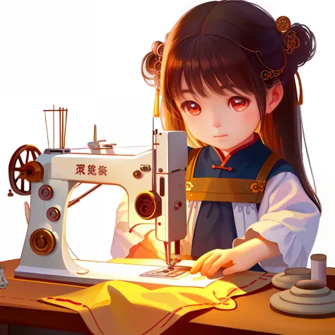 The image of a little girl sewing on a sewing machine, lovely digital painting, author：Yu Zheding, Realistic cute girl painting,...