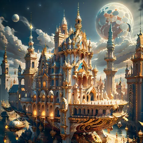 ((((Masterpiece)), Ivory Gold AI City at Night, Isometric, 3D rendering, Very high definition, High detail, There is a big clock...