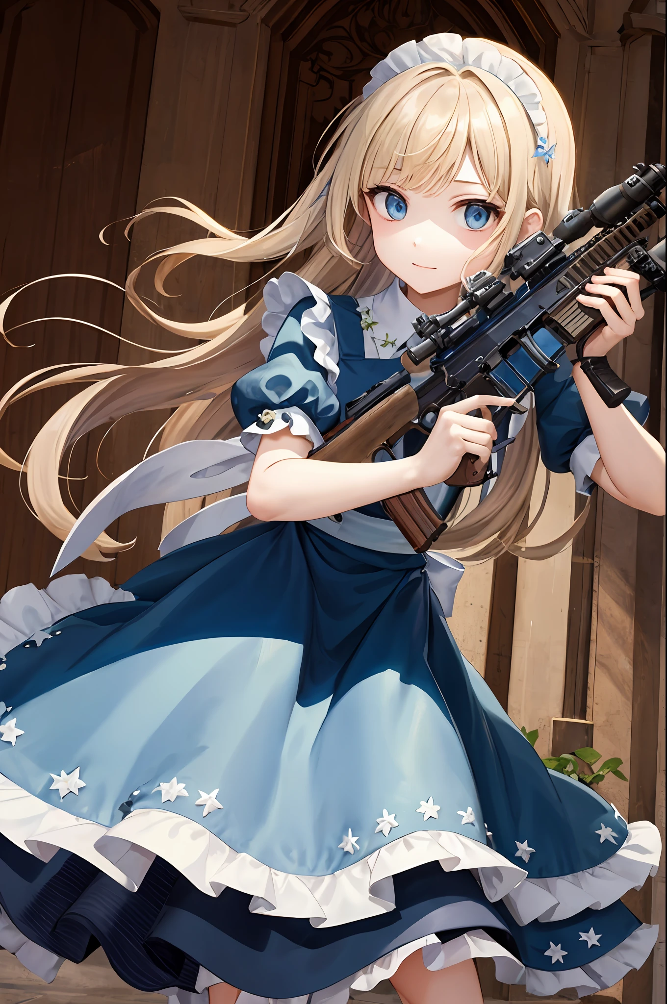 ​masterpiece、top-quality、lensflare、depth of fields、(a closeup:1.3)、facefocus、

1girl in、portraitures、Blue Long Hair、Fluttering in the wind、asymmetrical bangaid clothes、(Holding weapons、holding rifle、aim、aim:1.2)、

assault rifle、

simple background、Watercolor background、