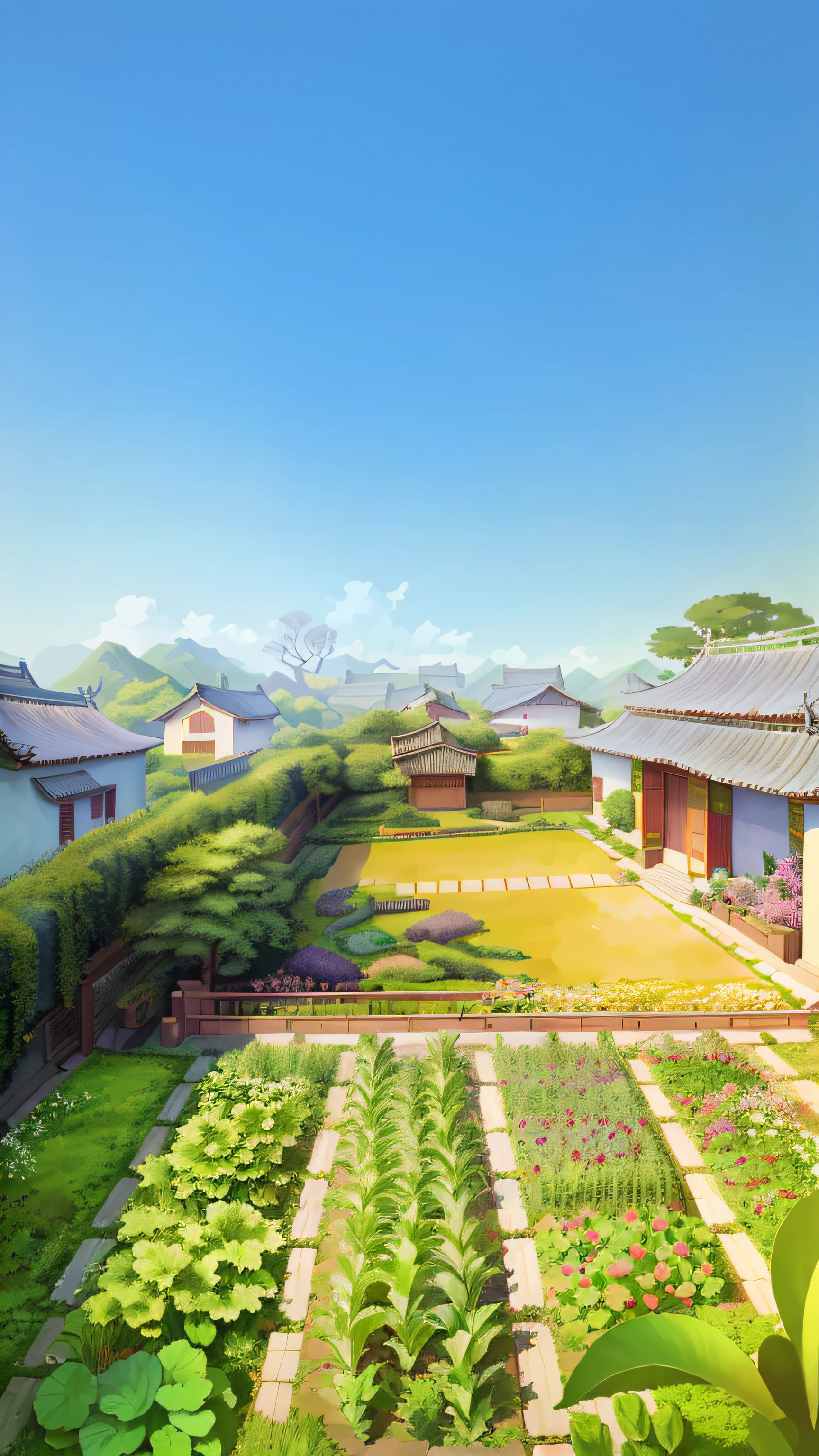 Chinese countryside in the 80s，Tiled house，There is a small garden，A lot of vegetables are grown inside, with a garden, suburban garden, sonoko, with a garden as foreground，idyllic and fruitful land，Sunnyday，Warm summer，art illustration，Landscape art，wide angles，Faraway view，Works of masters，Anime background art，ghibli studio art，beautiful digital painting