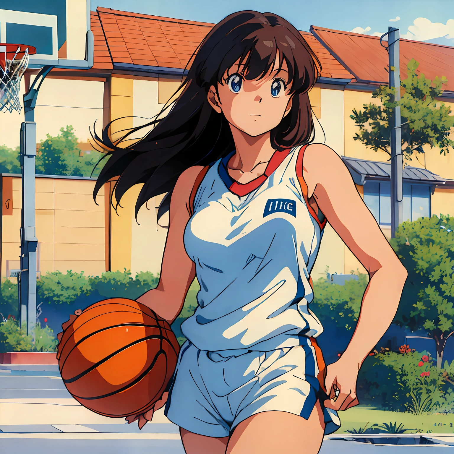 (masterpiece), (best quality), (1girl), solo, perfect body, basket ball player, big breast, anime, 1980s style