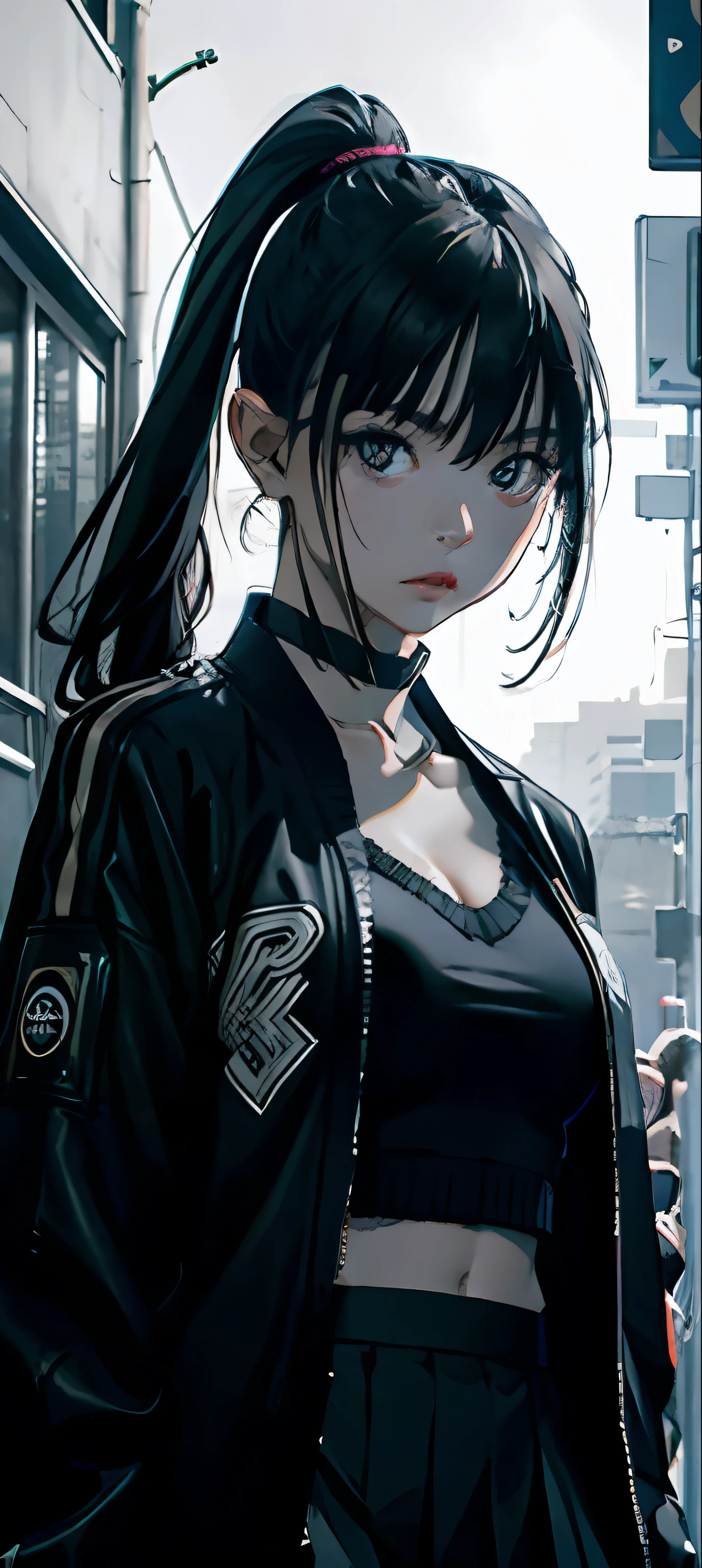 Girl in Tokyo (black eye color), (black eyes), (black pupil), small breasts, pleated skirt, crop top, ((knitted shirt)), dark intense shadows, cinematic lighting, expressionless, blank stare, (ultra detailed eyes:1.4), hands on waist, dynamic lighting, detailed face, realistic face, (jacket_partially_removed:1.5), clear lines, ((neon lights)), ((korean street)), ((night)), ((outside)),