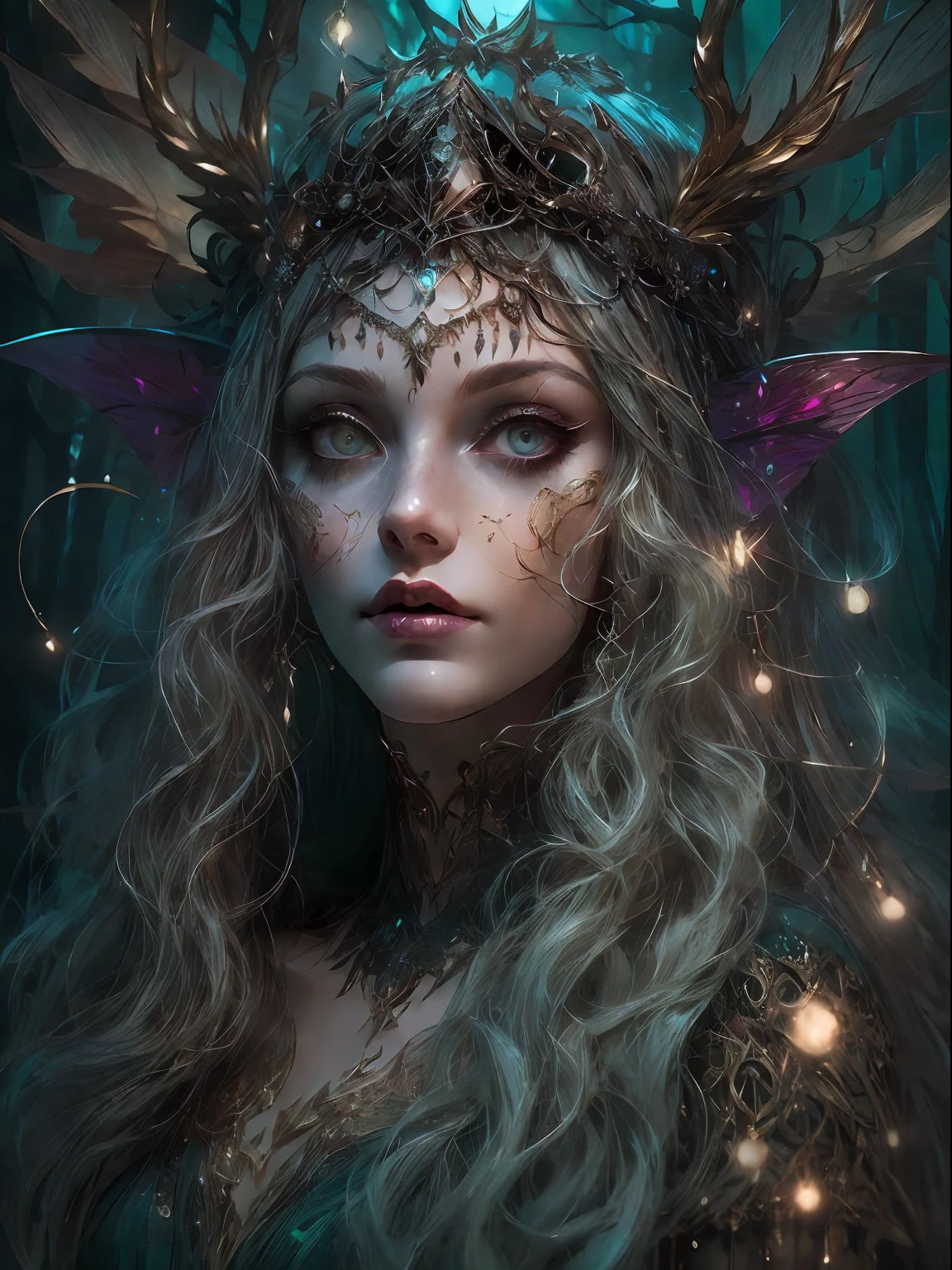 HighestQuali，tmasterpiece：1.2，Detailed details，Full body image of a beautiful forest witch in a decorative dress, exquisite facial features，Witch fashion, dynamicposes, fairy lights, Hyperrealistic, hyper-maximalist, insanely details, 4K