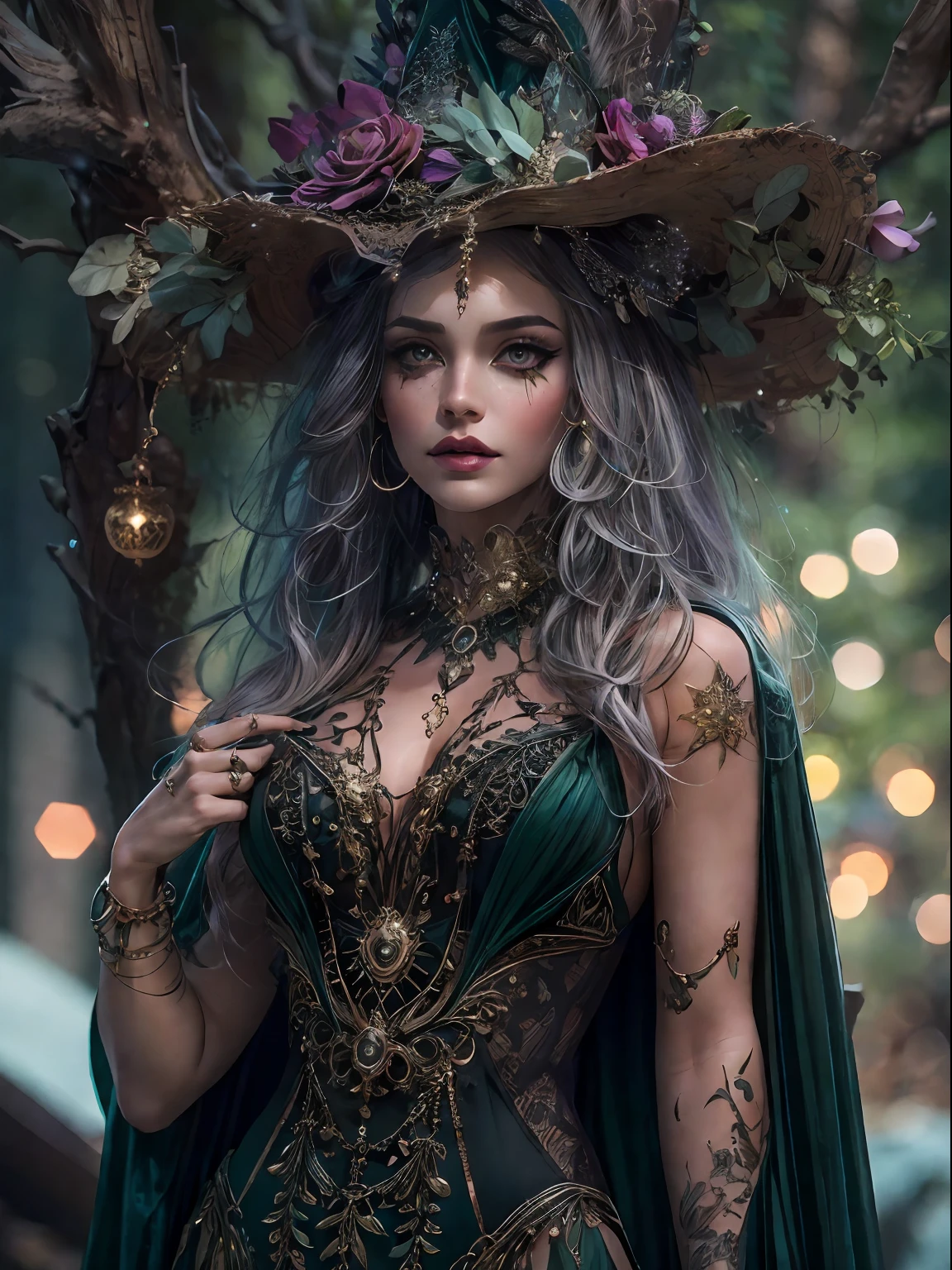 最高品質，傑作：1.2，詳細な詳細，装飾的なドレスを着た美しい森の魔女の全身画像, 優美な顔立ち，魔女のファッション, ダイナミックポーズ, フェアリーライト, 超現実的な, ハイパーマキシマリスト, めちゃくちゃ詳細, 4K
