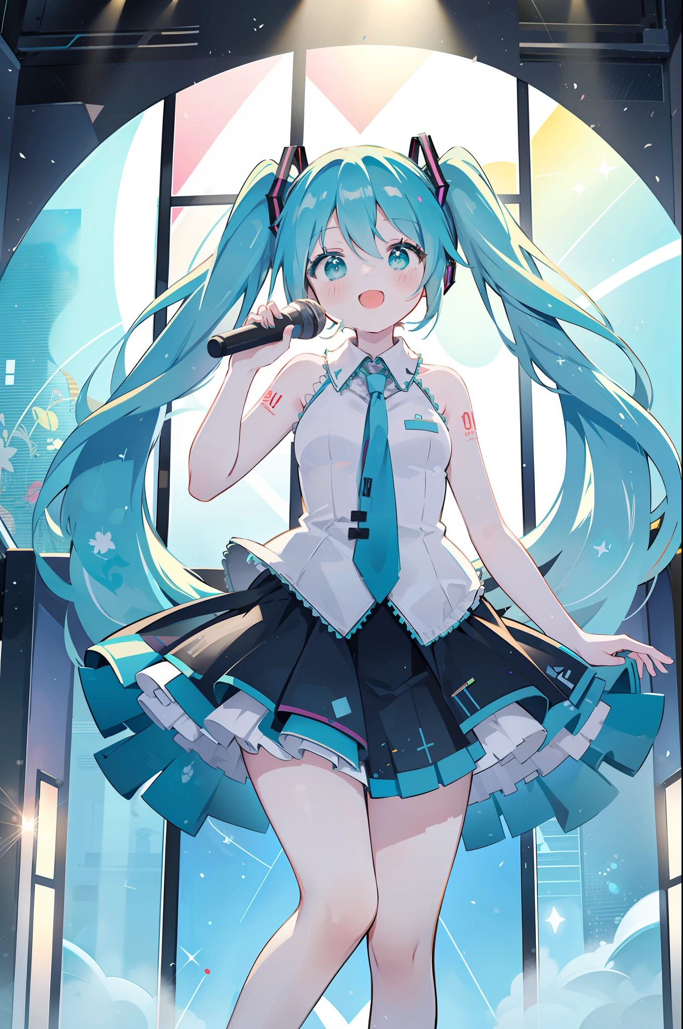 ((miku hatsune))、파란색의 긴 트윈 테일、마이크로폰、((노래하는 하츠네 미쿠))、라이브 공연장、입 벌리기、행복한 웃는 얼굴、빛의 입자、((걸작 최고 품질:1.2)), [[[여러 사지]]], [[[기형의 손]]]